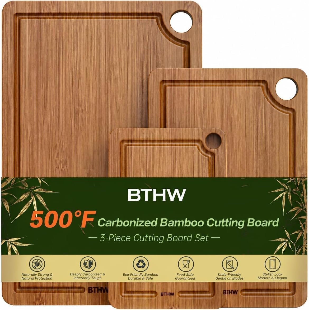 Bamboo Cutting Board for Kitchen – 3-Piece Wooden Boards with Juice Grooves, Side Handles, Non-Slip Mats – Perfect for Meat, Veggies, Fruit – Ideal Kitchen Gift