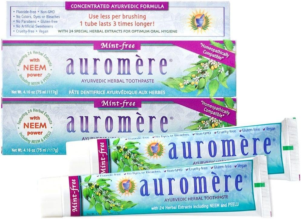 Auromere Ayurvedic Herbal Neem & Clove Toothpaste – All Natural Fluoride Free Toothpaste for Adults and Kids, Suitable for Sensitive Teeth, SLS-Free, Non GMO, Vegan, Cruelty-Free – 5 Pack | All Natural Fluoride Free Toothpaste for Adults and Kids, Suitable for Sensitive Teeth, SLS-Free, Non GMO, Vegan Cruelty-Free