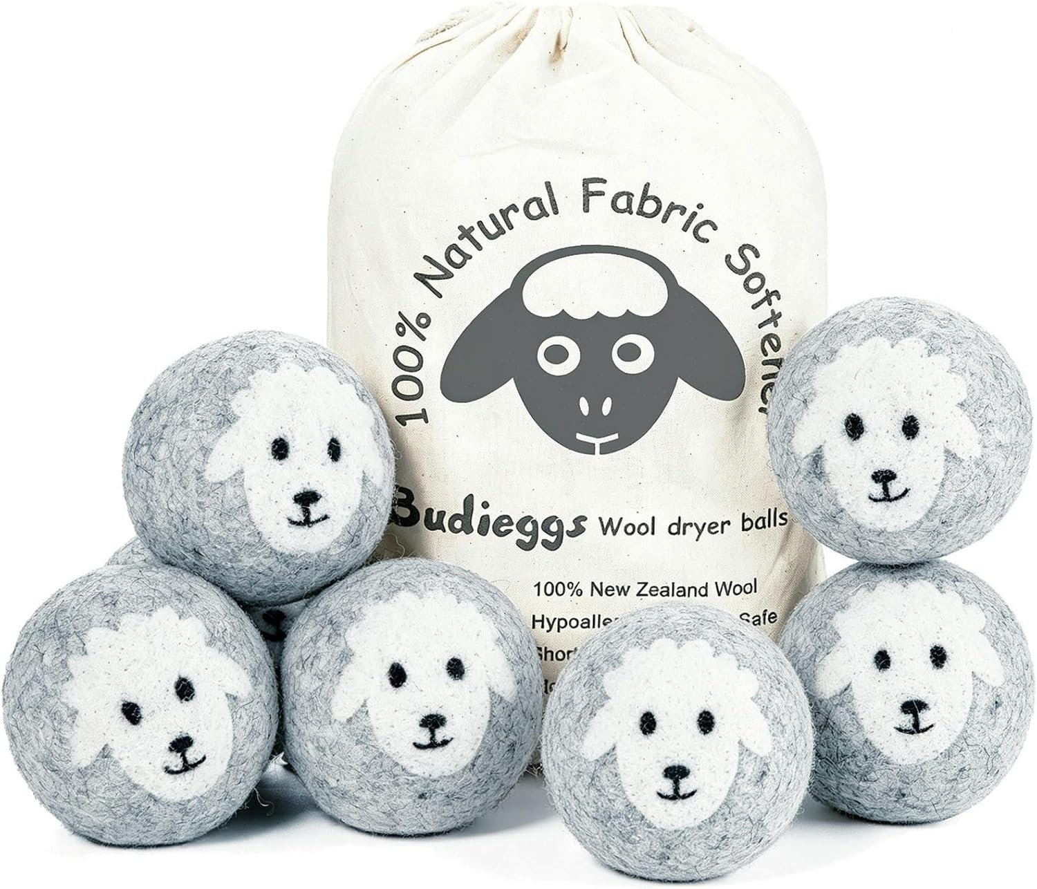 Budieggs Wool Dryer Balls XL 6-Pack, 100% New Zealand Wool Handmade | Chemical-Free Natural Fabric Softener Reusable, Reduces Wrinkles, Tangling, Drying time & Static Cling, Lasts 1000+ Loads