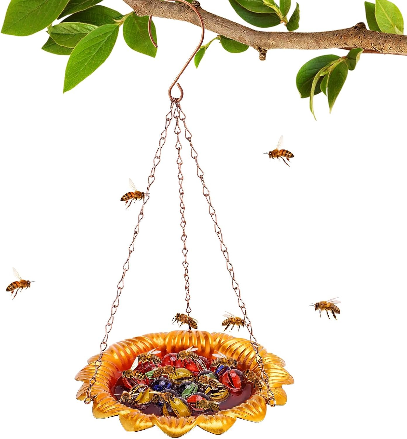 Bee Feeder with Vivid Sunflower Design – Anti-Rust Iron Bee Watering Station for Feeding, Colorful Butterfly Bath Bowl Cup with 15 Glass Marbles for Outdoor Yard Garden Decor Gifts (Gold)