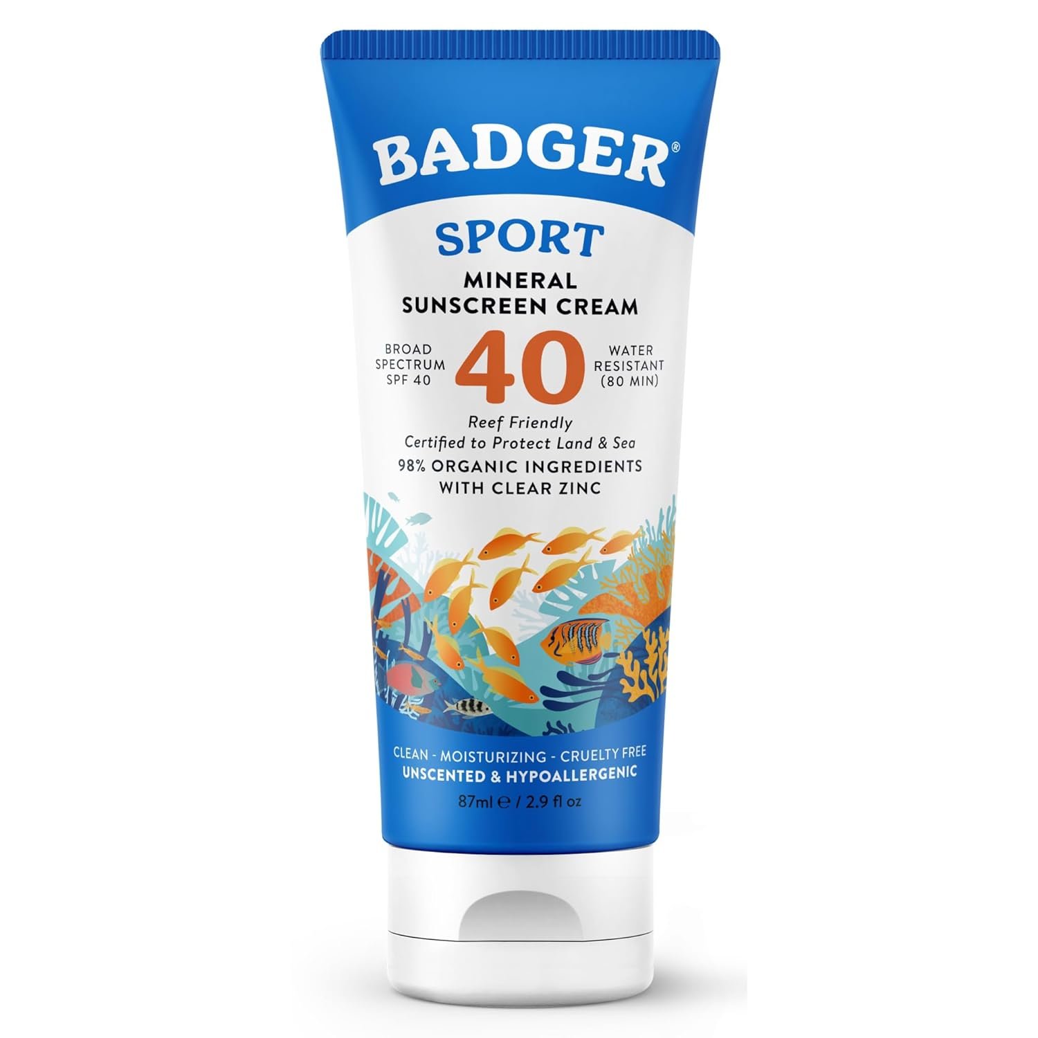 Badger Sport Mineral Sunscreen, Reef Safe, SPF 40, 98% Organic with Zinc Oxide, Water Resistant, Hawaii Reef Act 104 Compliant, Unscented & Hypoallergenic, For Sports & Adventures, 2.9 fl oz