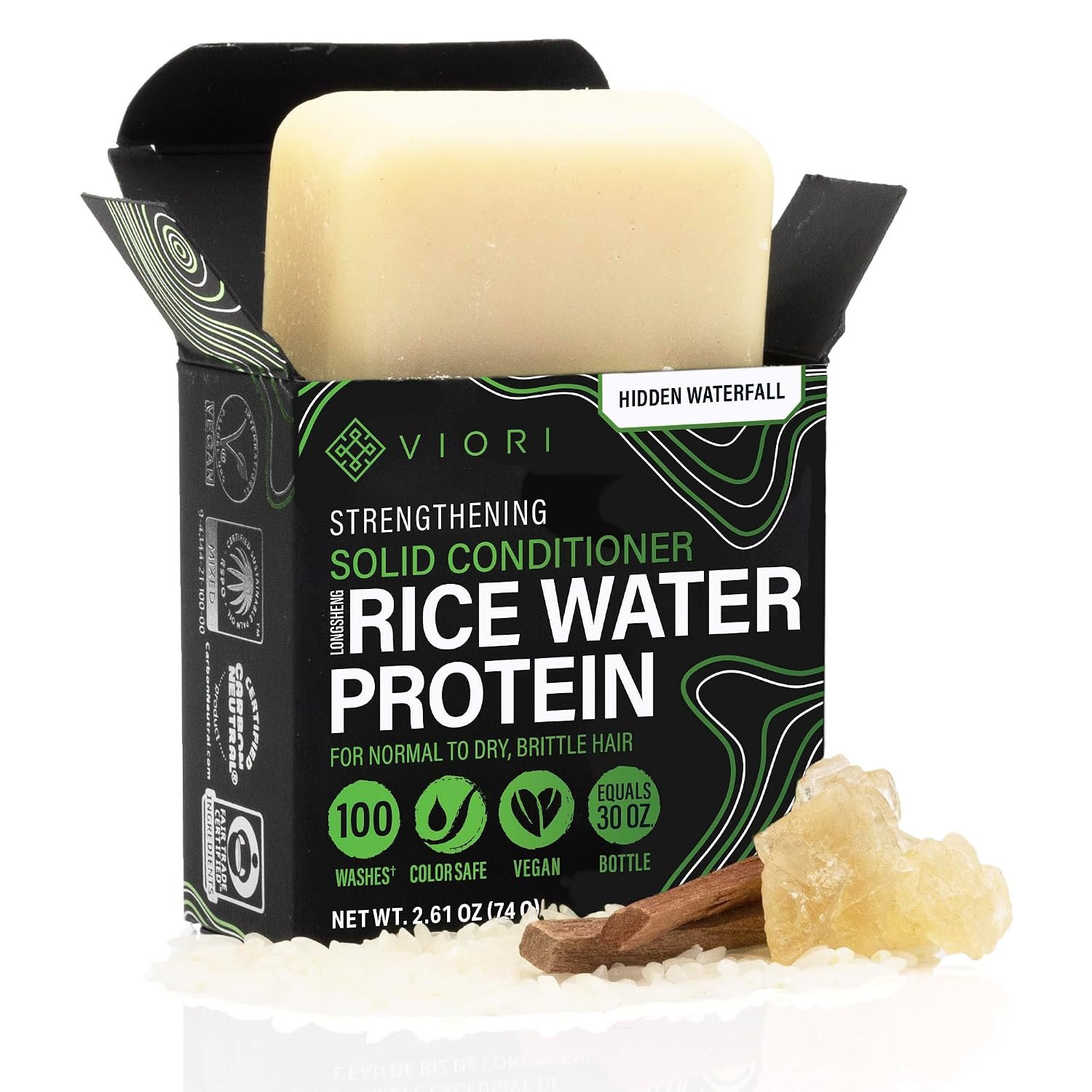 Viori Strengthening Conditioner Bar – Rice Water, Hidden Waterfall | Strengthens all hair types; vanilla-musk scent; detangles & softens; handcrafted with Longsheng rice water; plastic-free