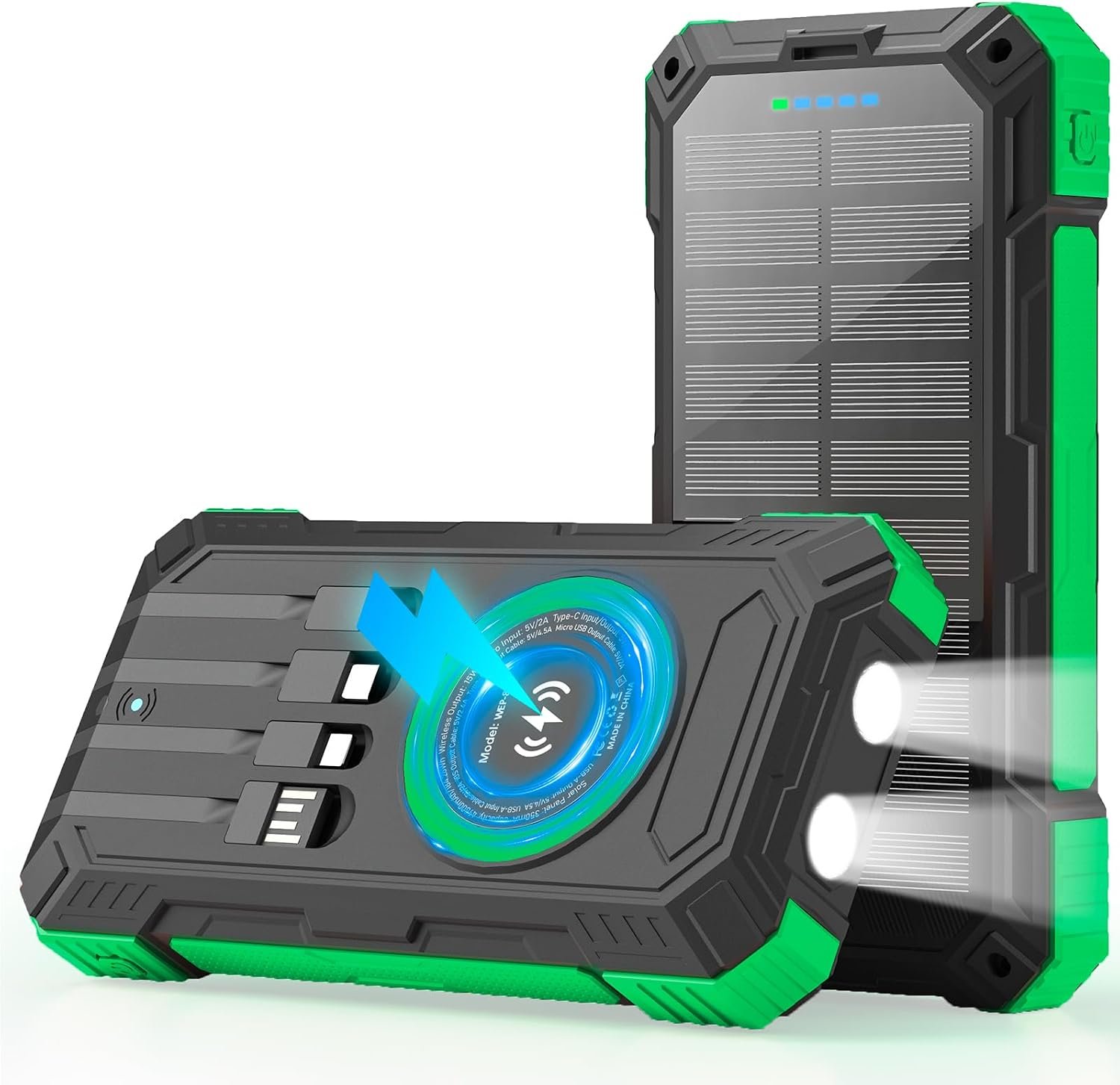 Solar Charger Power Bank 49800mAh Wireless Portable Phone Charger, 22.5W QC3.0 Fast Charging Built in 4 Cables with USB C 6 Outputs & 2 Inputs for All Cell Phone