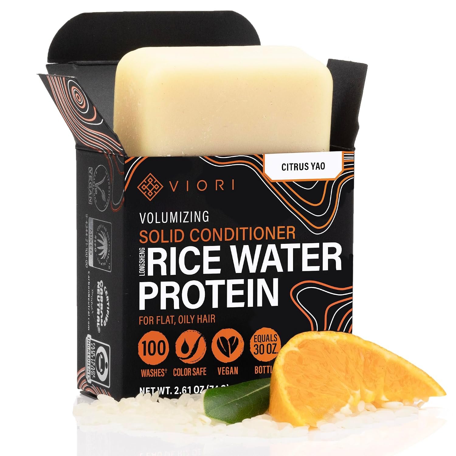 Viori Conditioner Bar for Oily, Fine Hair – Rice Water, Citrus Yao | For oily or fine hair; citrus scent; detangles without weighing hair down; handcrafted with Longsheng rice water; vegan