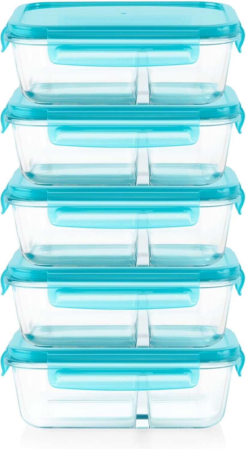 Pyrex Glass Meal Box (5-Pack, 4 Cup) Divided Compartments, Locking Lids | For meal prepping and portioning, BPA-Free, microwave & dishwasher safe