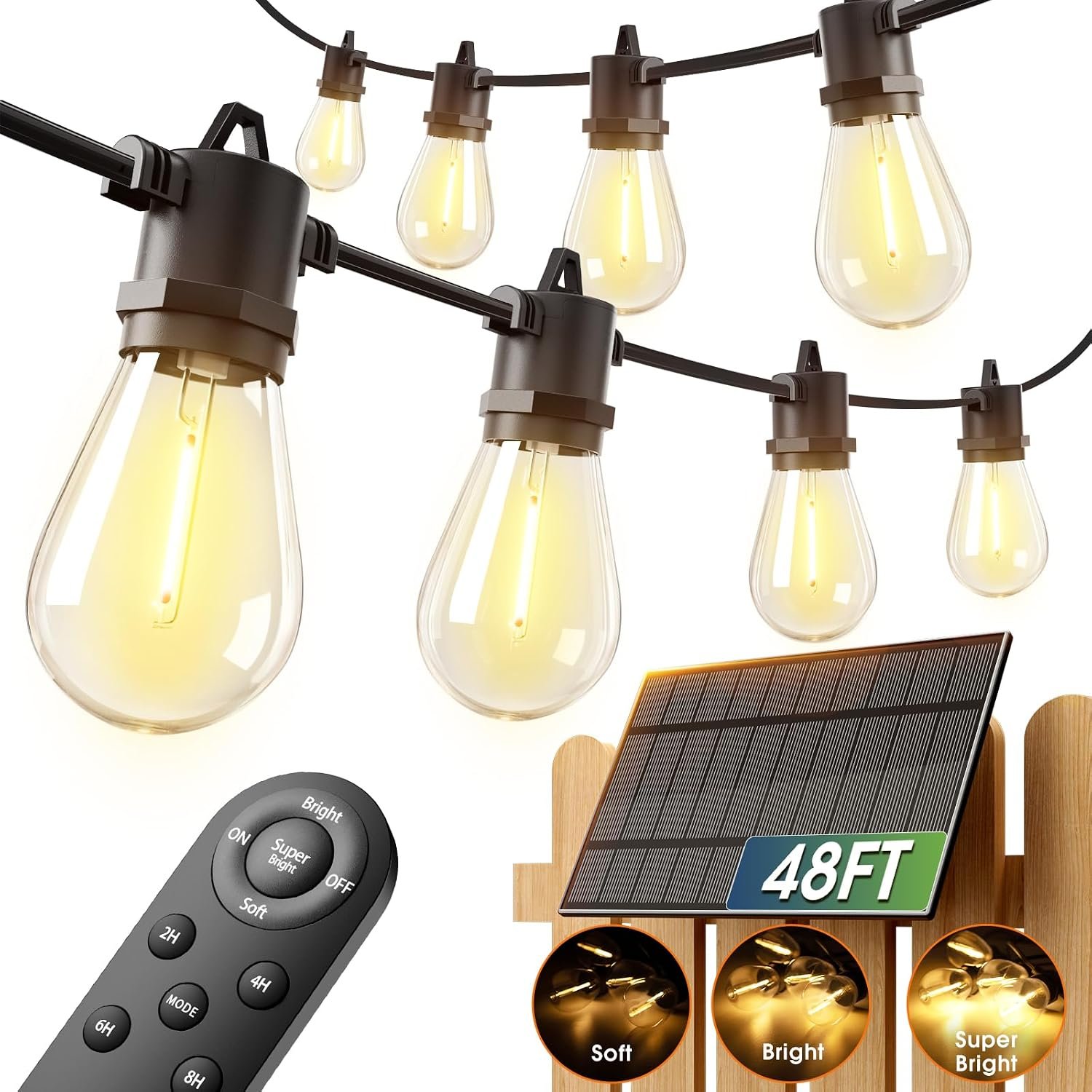 addlon 54FT(2FT) Solar String Lights Outdoor, with 24 Bulbs, Last 20+ Hrs | USB Charging, IP65 Waterproof. Dimmable Timer via Remote. Memory, 3 Modes, 2700K Warm White. Easy Install for Patio, Porch.