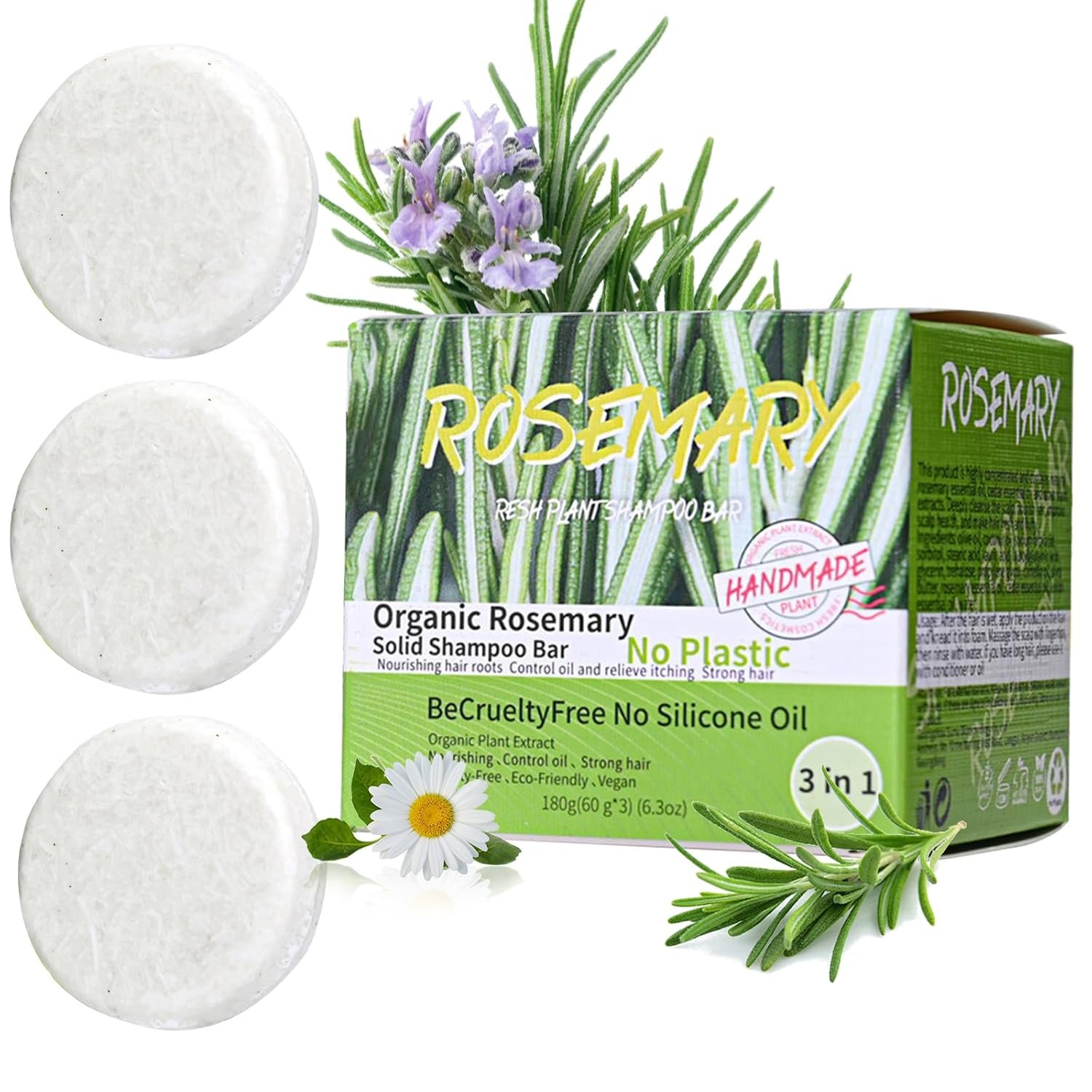 3 Pack Rosemary Hair Shampoo Bar, Deep Cleansing Scalp Solid Shampoo Bars, Natural Oil Control & Anti Hair Loss OrganicShampoo Soap, StrengthensHair, Bar Shampoo For ThinningHair for Women (Rosemary)