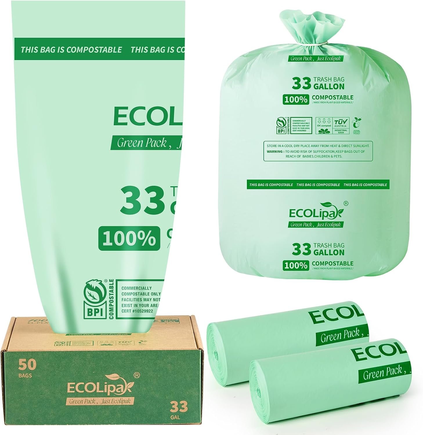 ECOLipak 33 Gallon 50 Count Large Compostable Trash Garbage Bags for Lawn | Biodegradable, PLA, Outdoor, Heavy Duty 1 Mil, Ideal for Yard, Restaurant, US BPI ASTM D6400 and OK Compost Home Certified