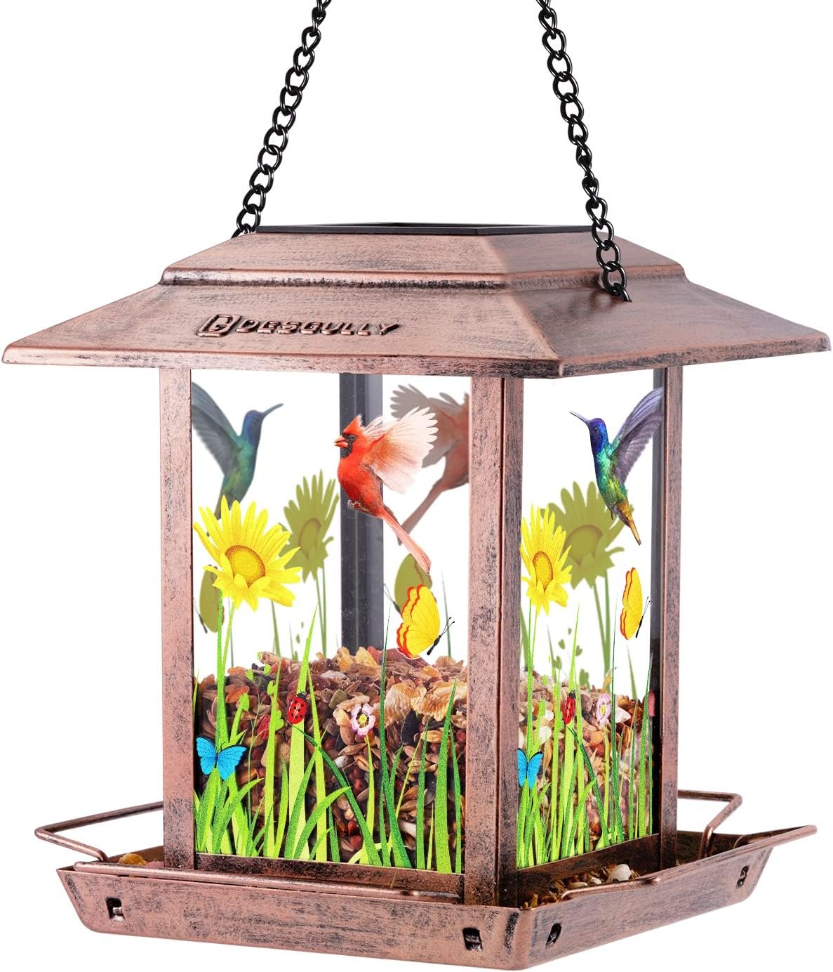 DesGully Solar Bird Feeders for Outdoors – 2.5 LBs Metal Wild Large & Small Bird Feeder for Outside Hanging, Gift Ideas for Avian Enthusiast Garden Yard Seeds (Chew-Proof, Weather Resistance)