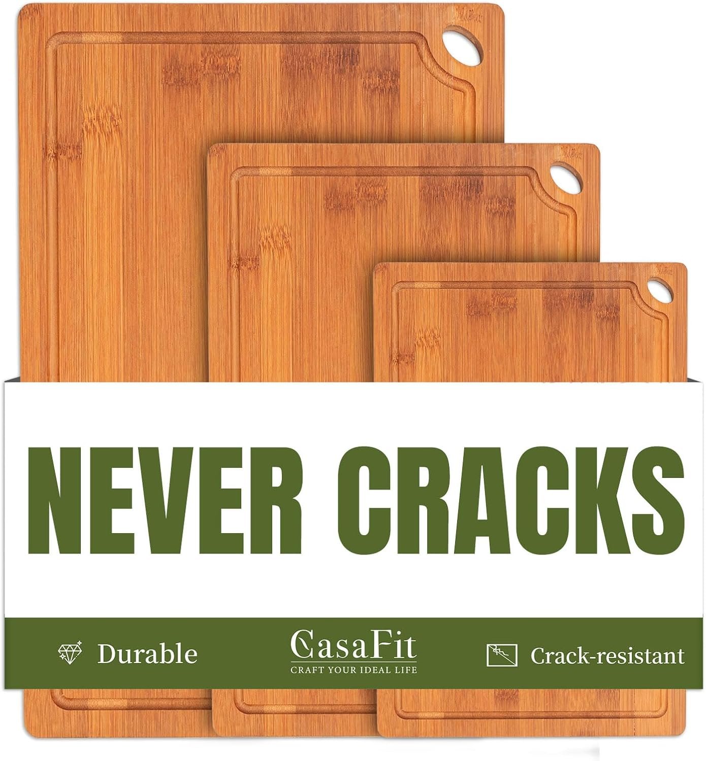 3-Piece Organic Bamboo Cutting Board Set for Kitchen – Carbonized Extra Sturdy Chopping Boards with Juice Grooves – Knife-Friendly Multi-Size (15″, 12″, 9″) for Meat & Veggies – Housewarming Gift Box