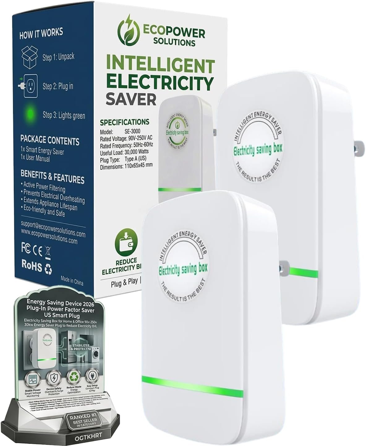 Energy Saving Device 2026 Plug-in Power Factor Saver Us Smart Plug | Electricity Saving Box for Home & Office 90v-250v 30kw Energy Saver Plug to Reduce Electricity Bill