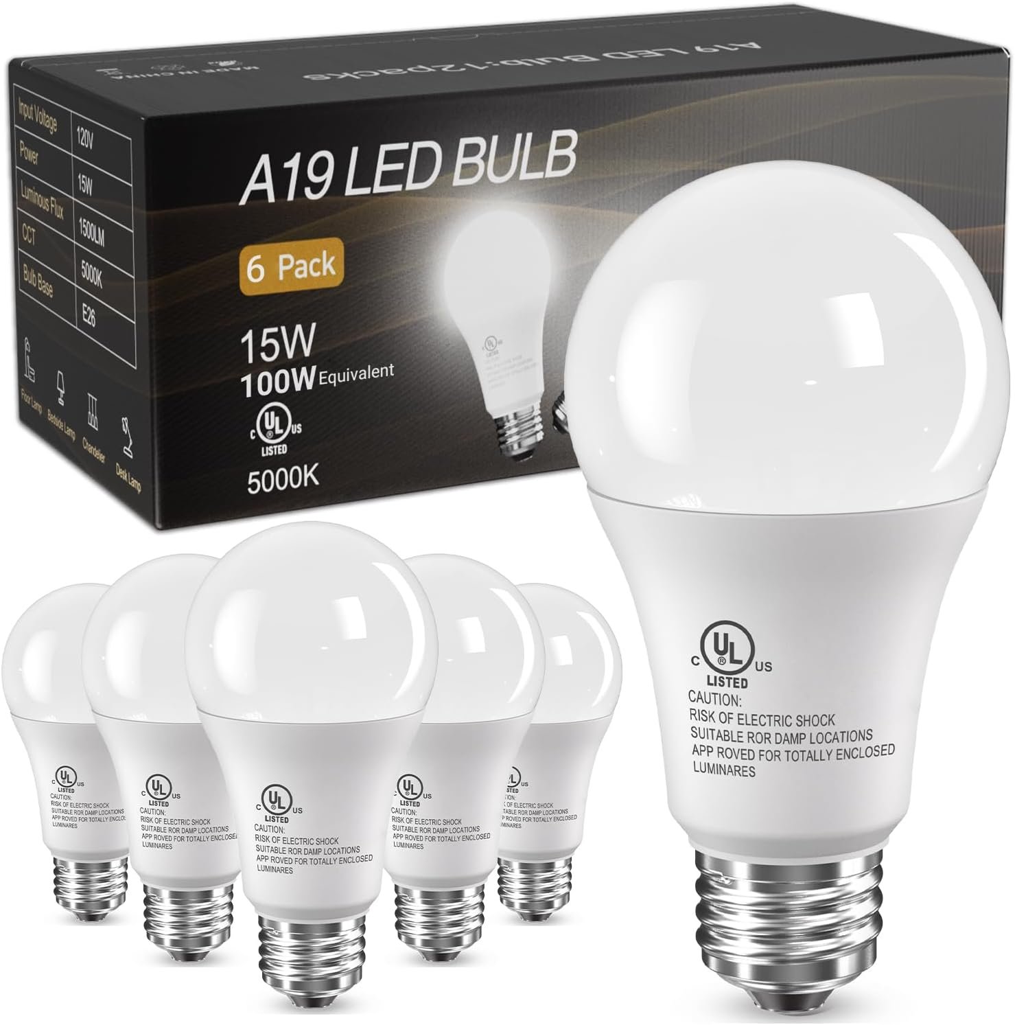 TJOY 6 Pack A19 LED Light Bulbs,100 Watt Equivalent 5000K Daylight White | 15W Bright White Energy Efficient LED Bulb, 1500 Lumens E26 Standard Screw Base Lamp for Kitchen Indoor, Non-Dimmable