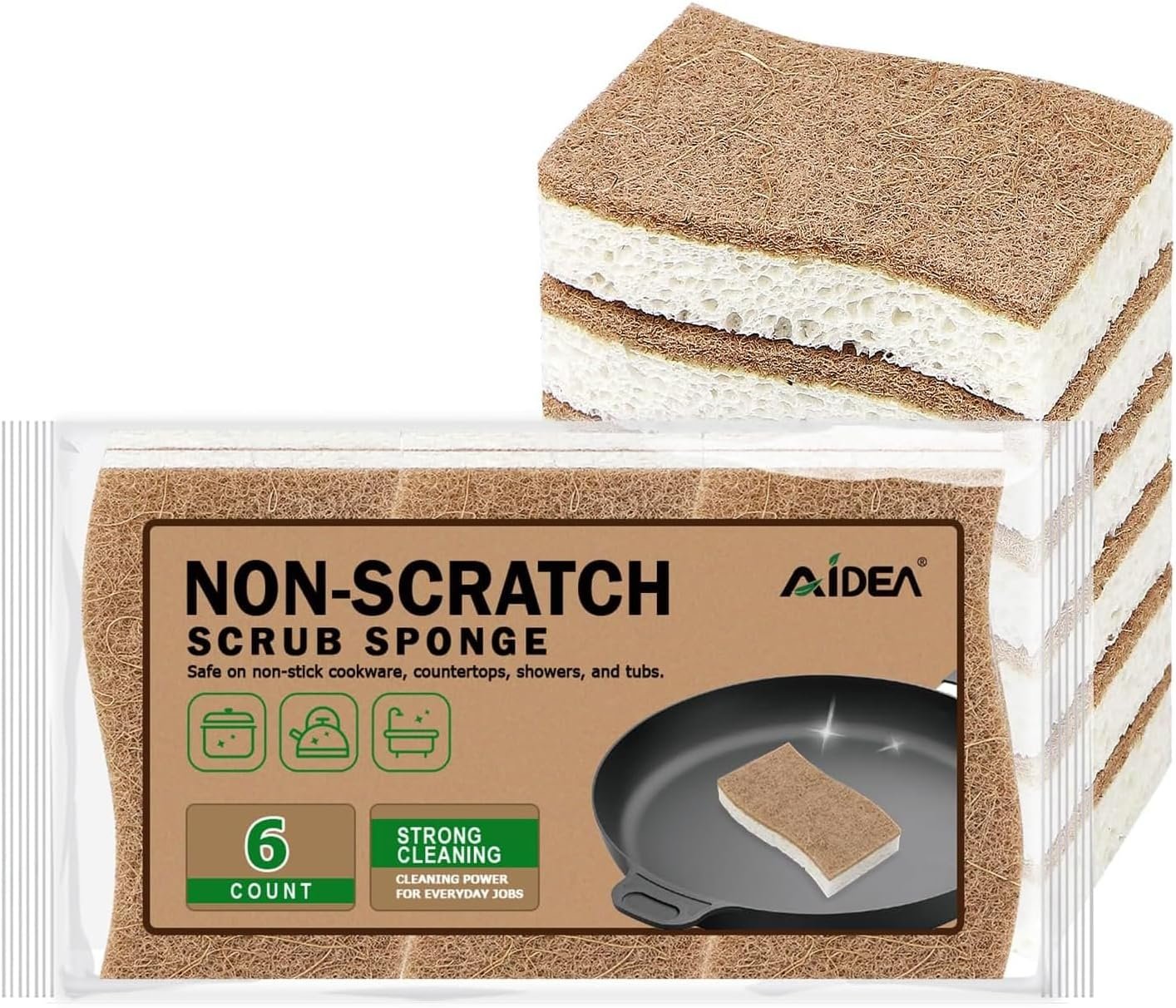 AIDEA Sponges Non Scratch, 6Count, Natural Sponge for Non Stick Cookware | Sponges Kitchen, Cellulose Scrub Sponge for Dishes, Cleaning Power for Kitchen, Bathroom, Household