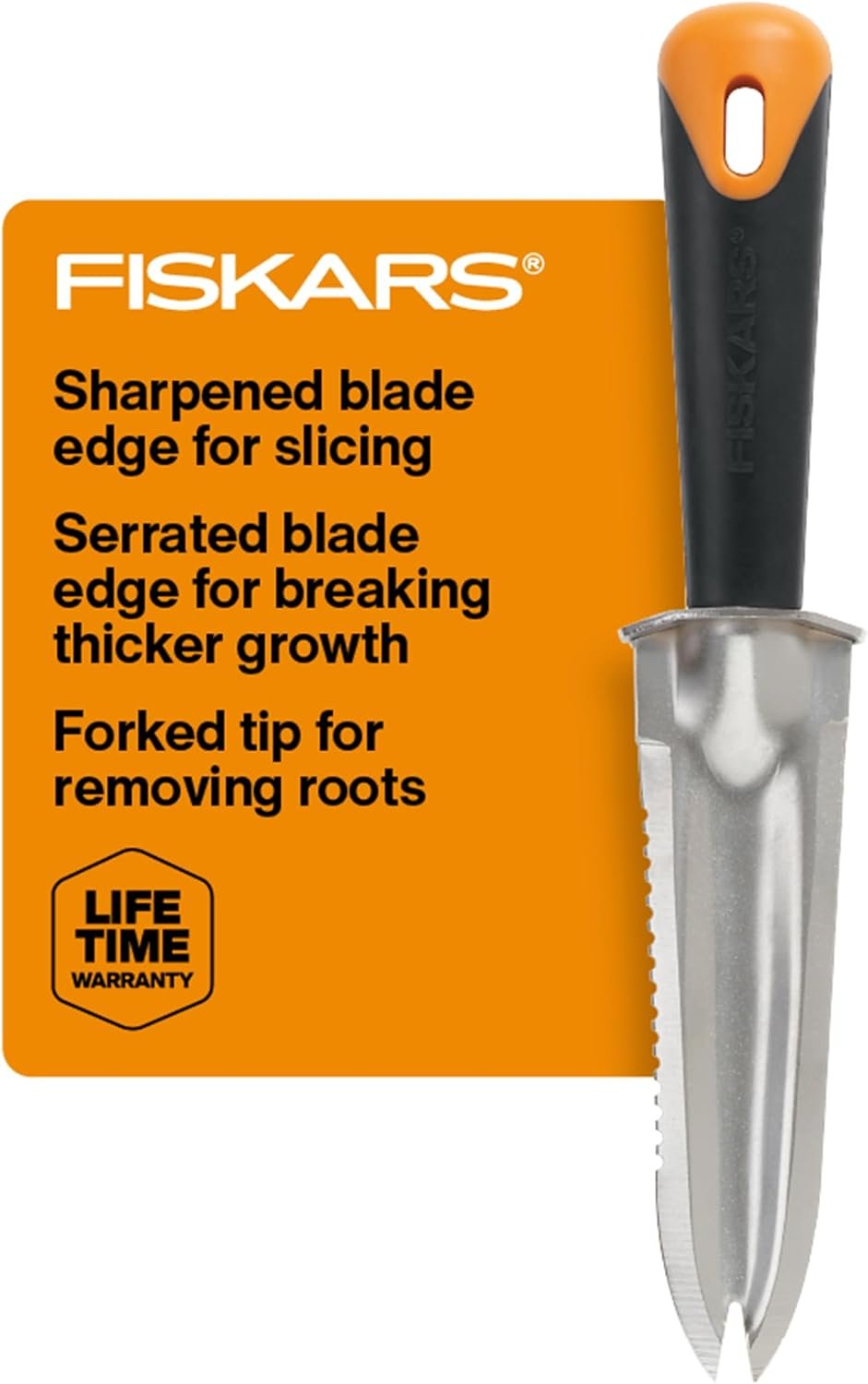 Fiskars Steel Garden Knife, Multi-Purpose Weed Puller Gardening & Yard Tool | Use for Tasks like Digging, Weeding & Planting, Sharp & Serrated Blade Edges, Plated Steel Head Resists Rust, SoftGrip Handle