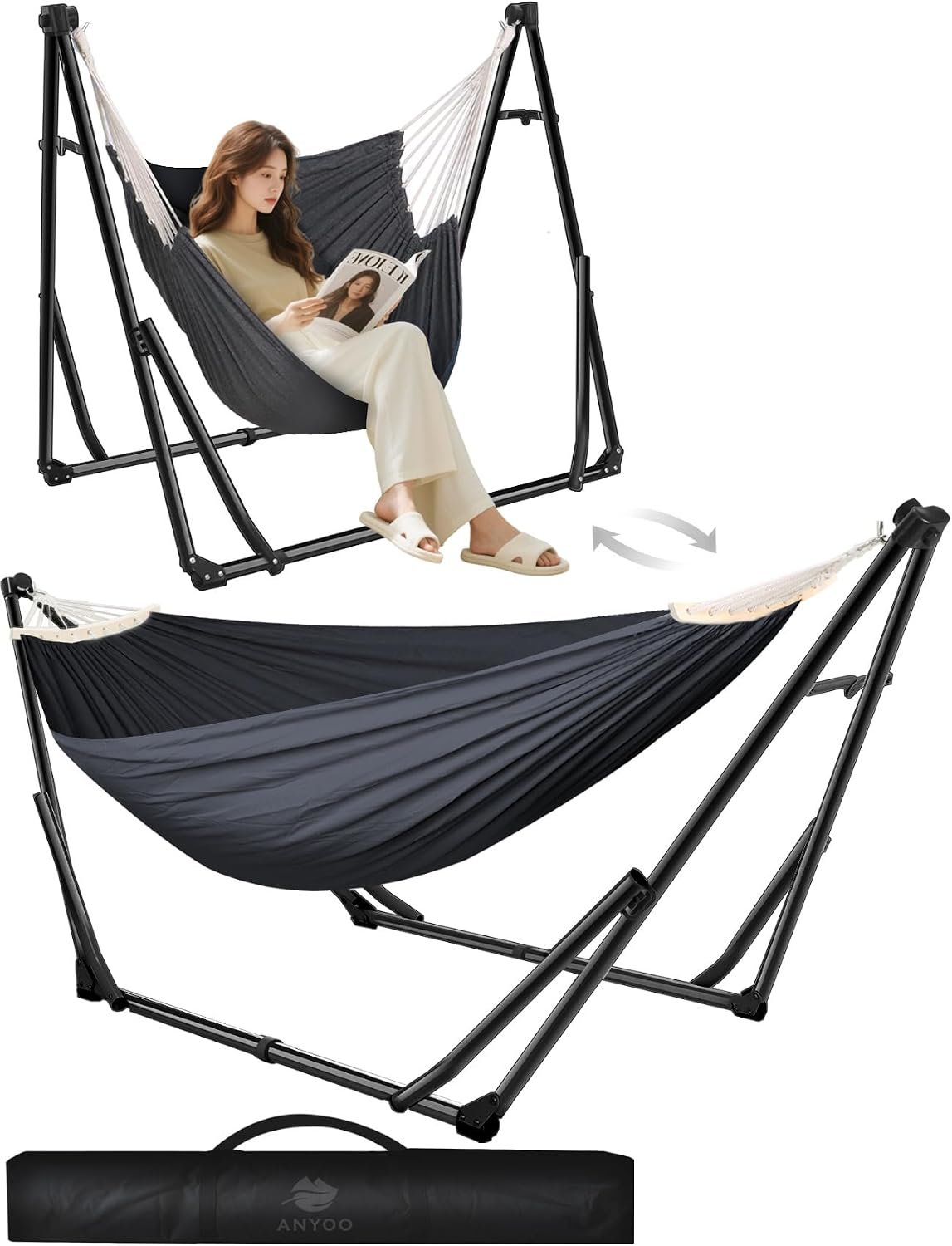 ANYOO 2-in-1 Hammock & Chair Stand with Collapsible Steel Frame & Carry Bag | Tool-free Set up Multi-angle & Height Adjustable Holds 440lbs Heavy-duty Portabel Hammock for Indoor,Outdoor Garden,Patio
