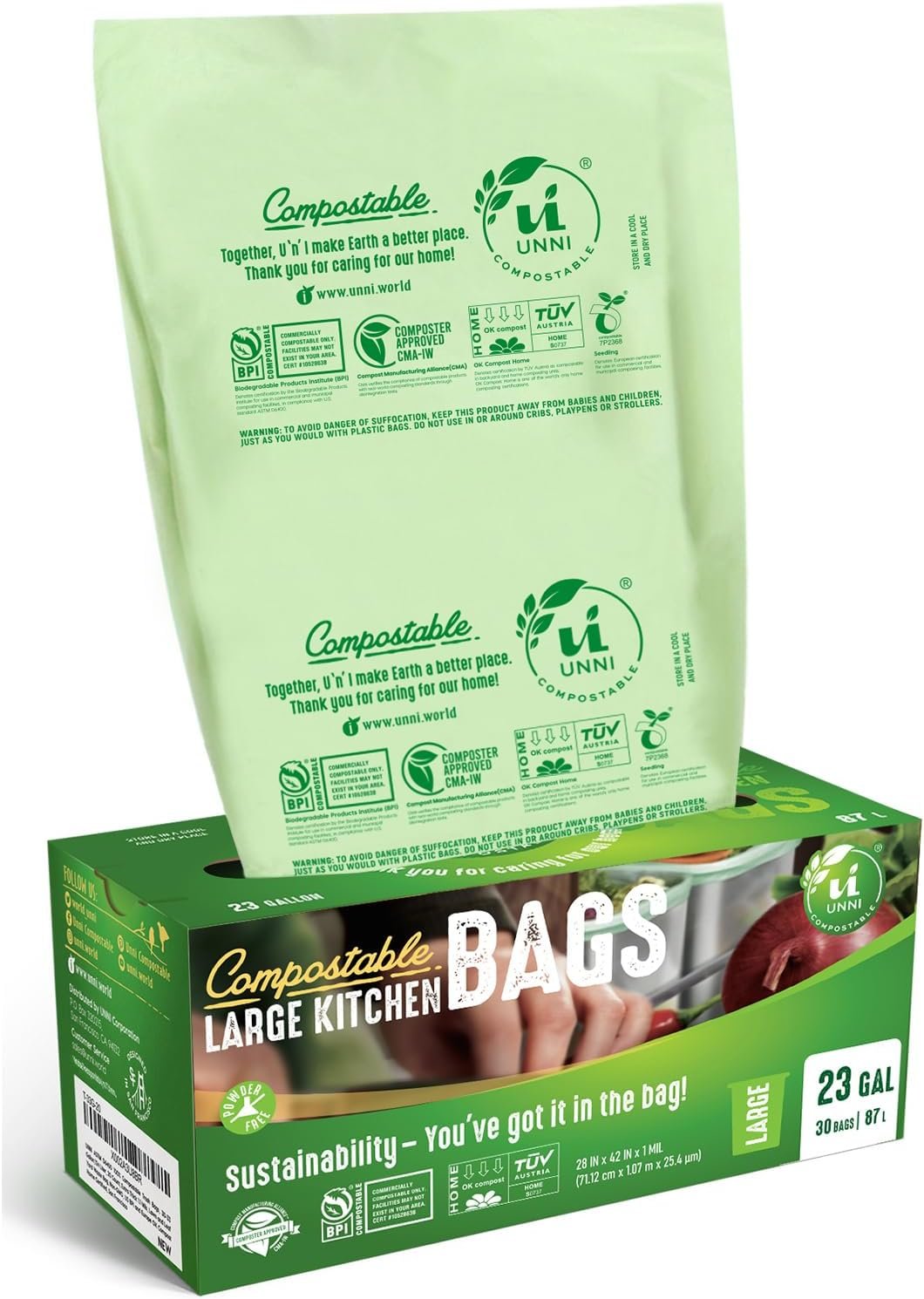 UNNI 20-23 Gallon Compostable Trash Bags, 30 Count, Extra Thick 1.0 Mil | Large Compost Bags for Offices, Kitchens and Food-Service Bins, Certified by BPI, CMA & OK compost HOME, Meets ASTM D6400