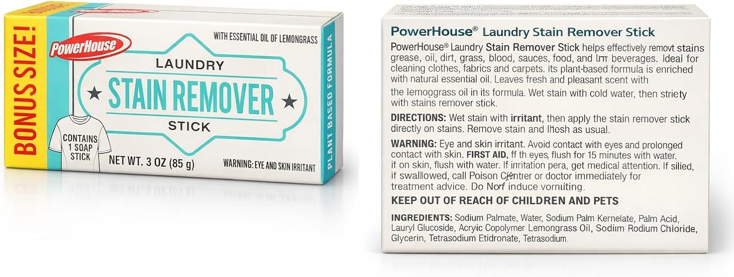 PowerHouse Laundry Stain Remover Stick, Plant Based Formula, with Lemongrass Oil, Bonus Size, 3 oz