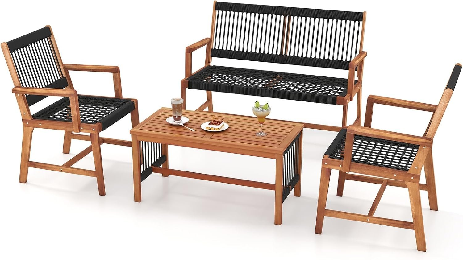 HAPPYGRILL 4 Pieces Patio Furniture Set Acacia Wood Conversation Set with Hand-Woven Rope Design, Ergonomic Loveseat & Single Chairs, Wooden Chair & Table Set for Porch Yard Poolside
