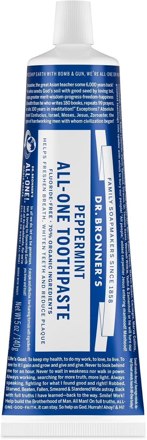 Dr. Bronner’s All-One Toothpaste – Peppermint, 5 oz, 1-Pack – Fluoride-Free Toothpaste for Adults, SLS-Free, 70% Organic & Natural Ingredients, Vegan, Helps Freshen Breath, Reduce Plaque, Whiten Teeth