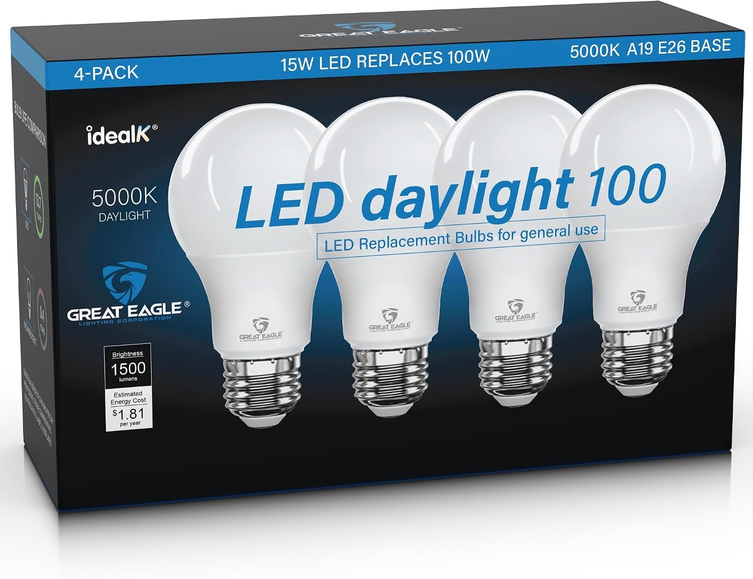 Great Eagle A19 LED Light Bulbs – 100W Equivalent (15W), Daylight 5000K, 1500 Lumens, Non-Dimmable, Energy-Saving 4-Pack