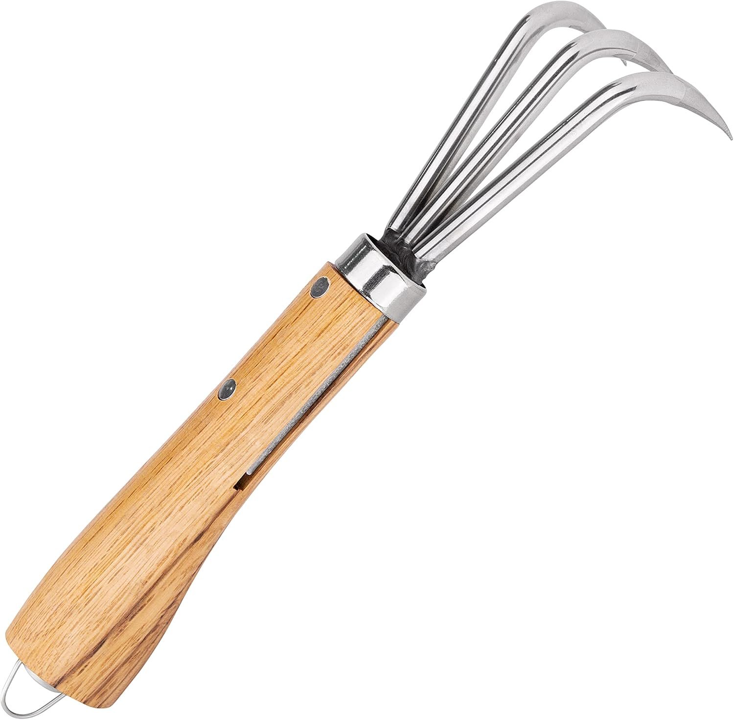 Nisaku NJP957 Nekaki Sanbondume Handheld Triple Claw Cultivator, Japanese Stainless Steel Tine Length 1.5-Inch, 5.5-Inch Polished Wood Handle
