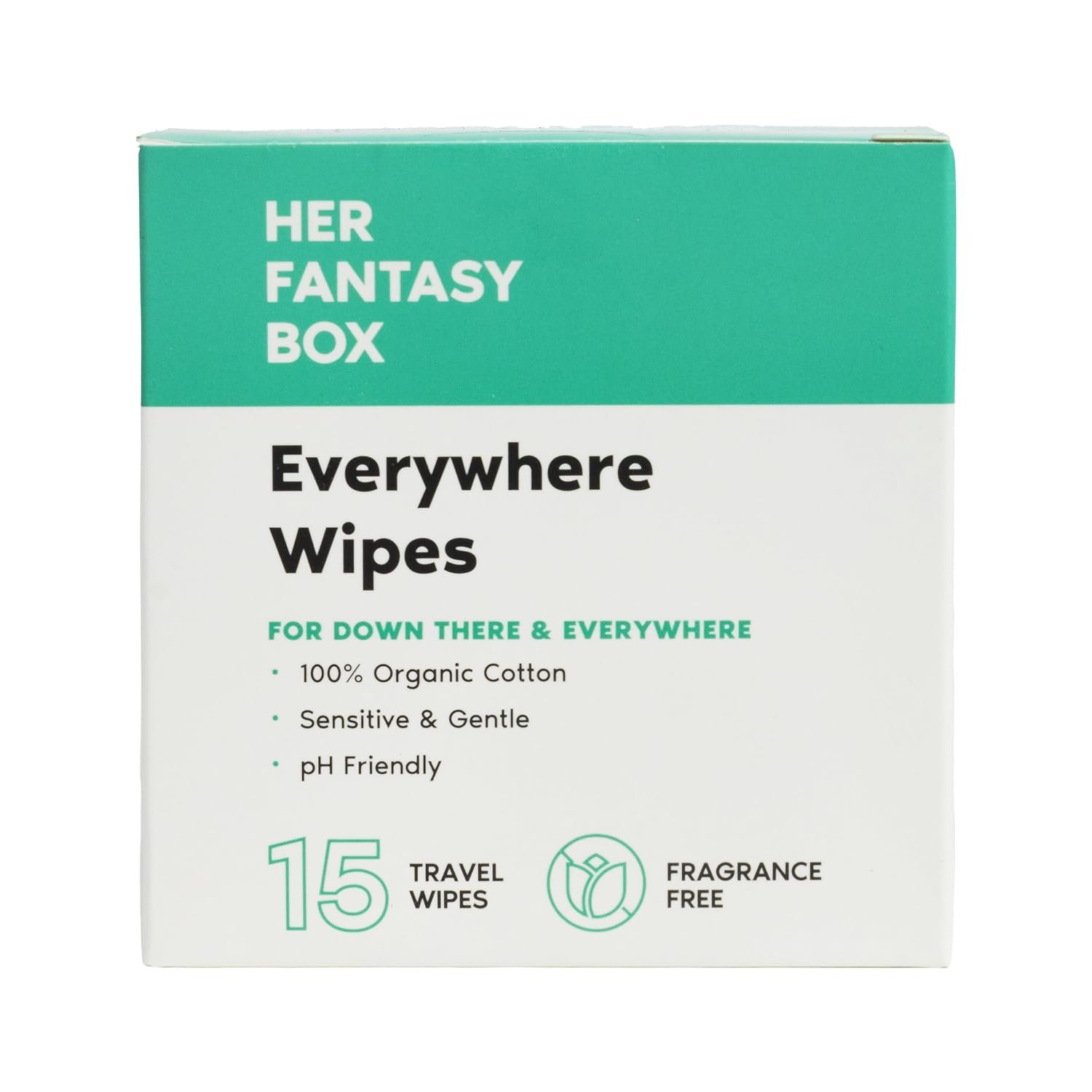 Her Fantasy Box | Everywhere Wipes – 100% Organic Cotton, Gentle & Refreshing, pH-Balanced, Fragrance-Free, Plant-Powered for Body, Face & Intimate Areas, Ideal for Sensitive Skin – 1 Pack, 15 Wipes