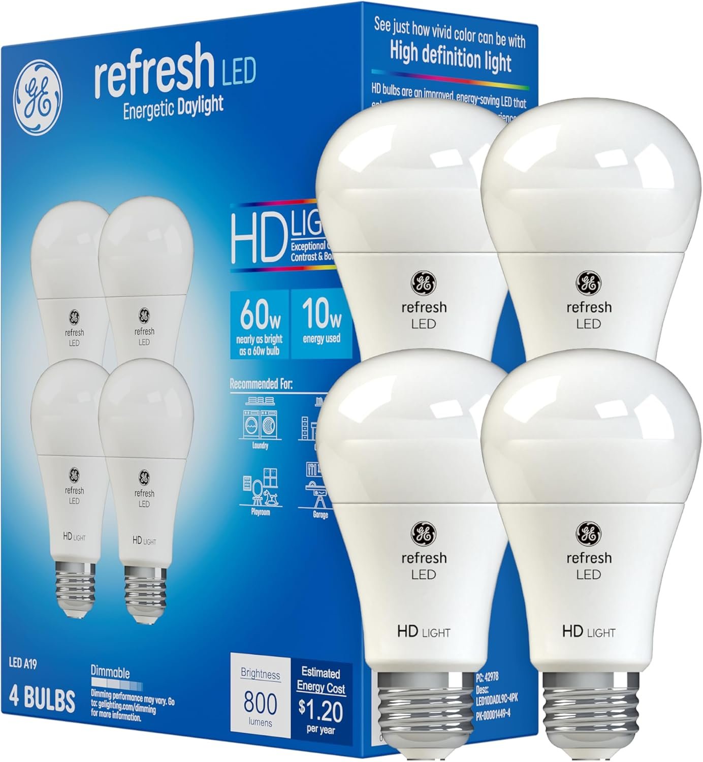 GE Refresh A19 LED Light Bulbs, Daylight, 60W Eqv, 4 Pack | 10W replaces 60W, crisp daylight HD light, A19 base, energy-saving, ideal for living rooms, kitchens, offices