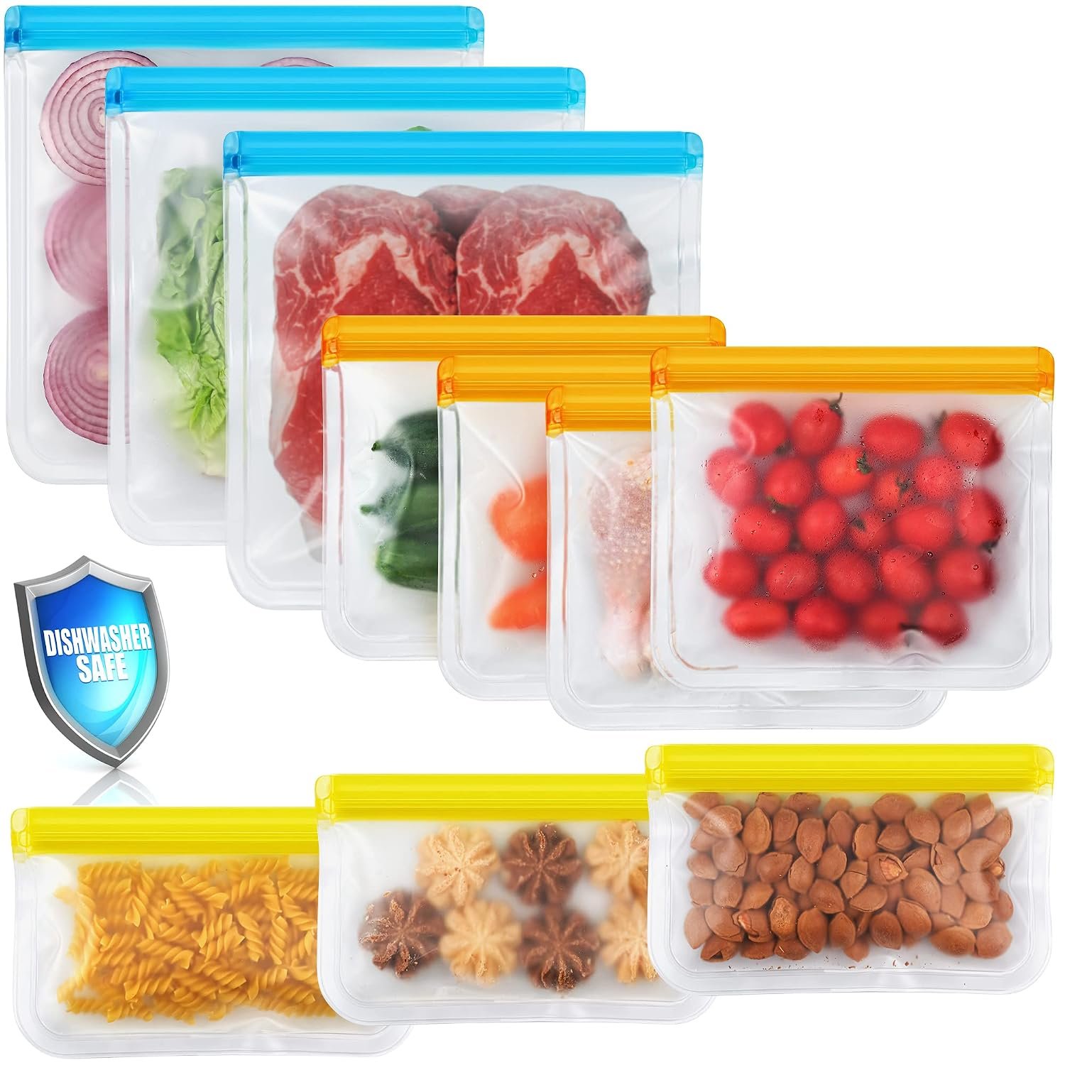 10 Pack Dishwasher Safe Reusable Bags, Leakproof Reusable Freezer Bags, BPA Free Food Storage Bags for Lunch Marinate Food Travel – 3 Gallon 3 Snack 4 Sandwich Bags