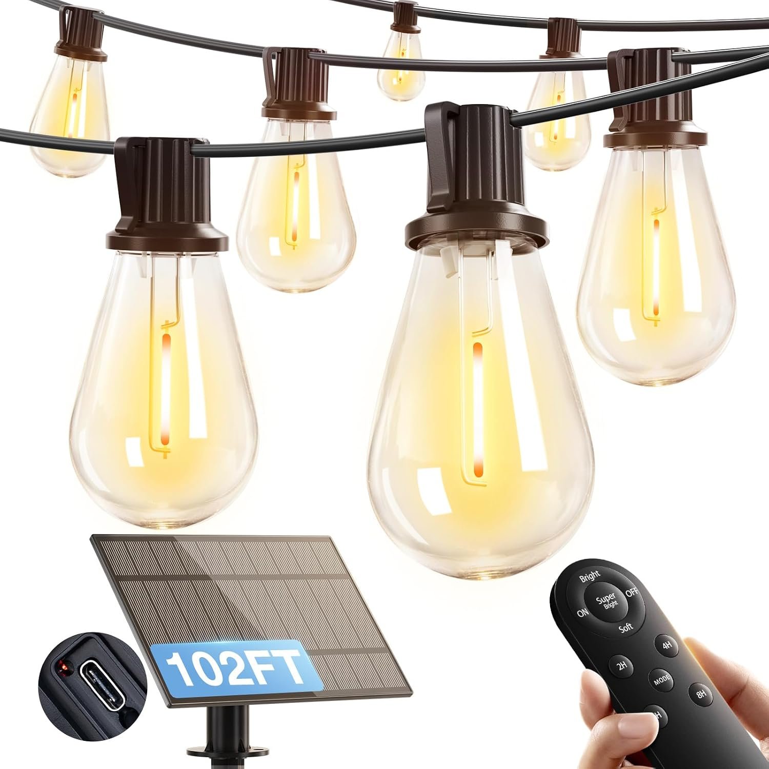 addlon 102FT(96FT+6) Solar String Lights Outdoor, Waterproof, Last 20+ Hrs | 34 Shatterproof LED Bulbs, USB Charging, Dimmable, Timer Remote, Easy Install for Garden, Backyard, Pergola and Party