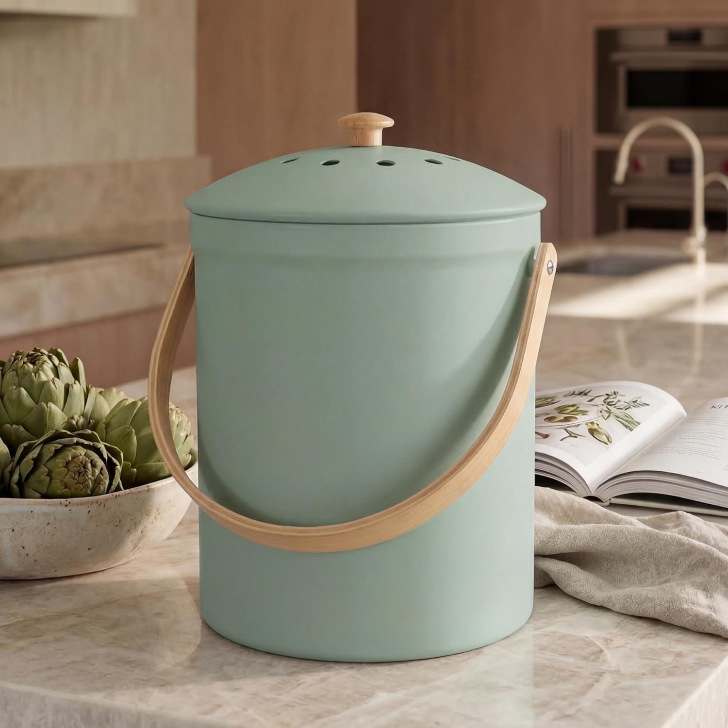 Beautiful Kitchen Compost Bin with Smell Proof Lid – Rust Proof and Odorless Compost Bucket for Your Countertop with No Smell Filters – Easy to Clean 1.1 Gallon Bin Looks Great On Any Kitchen Counter