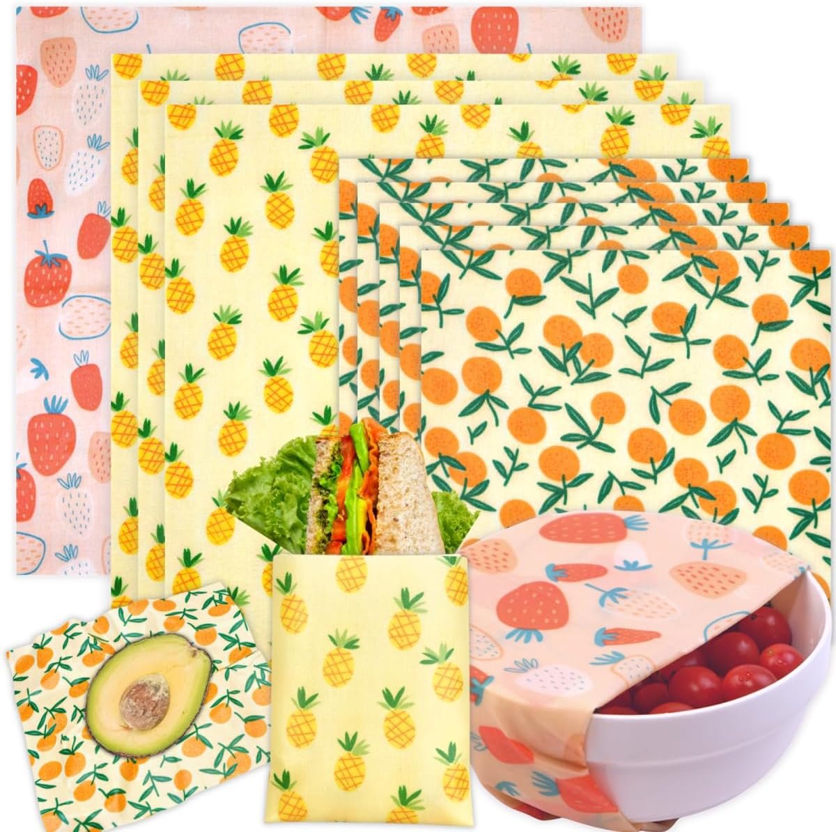 Reusable Beeswax Wrap – 9 Pack Beeswax Wraps for Food, Eco-Friendly Beeswax Food Wraps, Bread Sandwich Food Wrap – Organic, Sustainable, Zero Waste, Plastic-Free Food Storage, 1XL, 3M, 5S