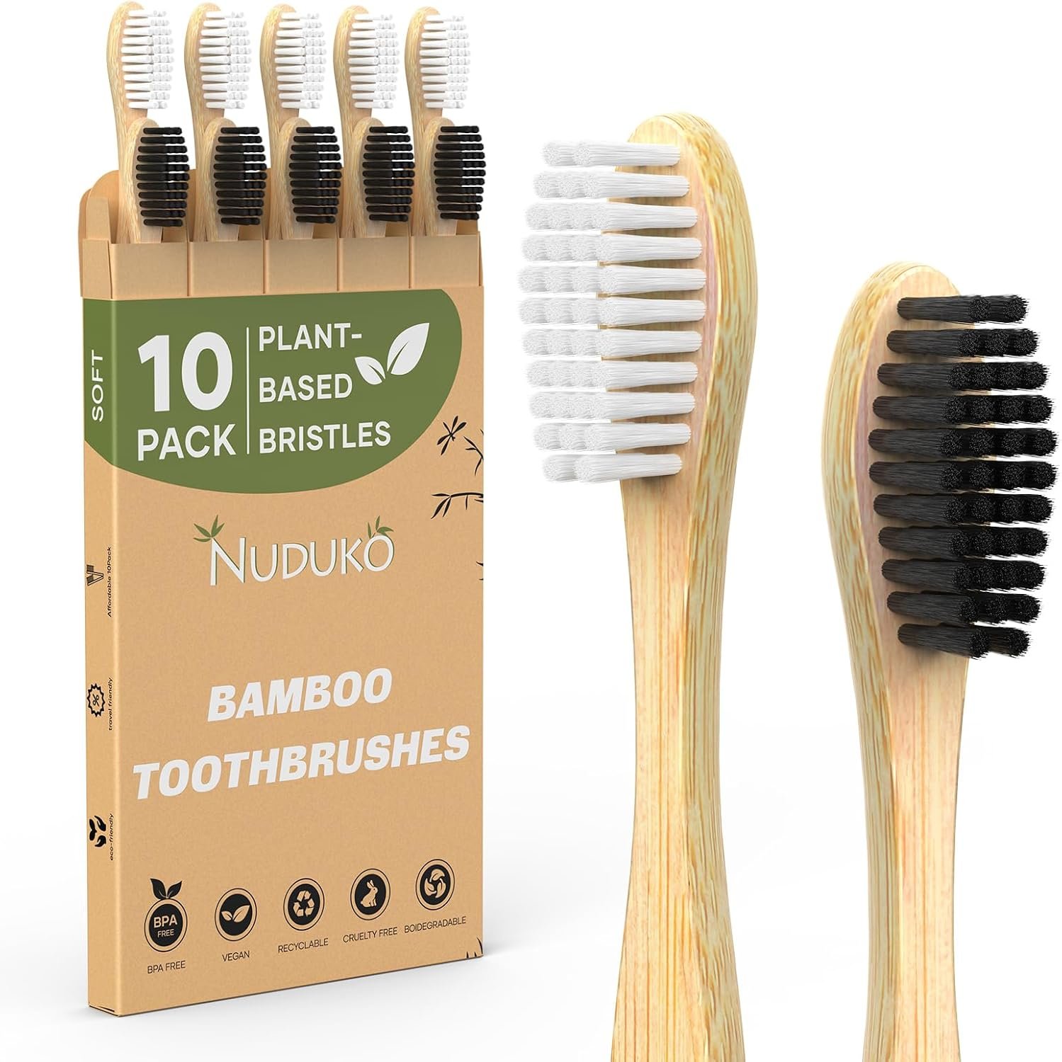 Bamboo Toothbrushes 10 Pack, BPA Free Plant Based Soft Bristle Toothbrush | Eco-Friendly tooth brush, soft toothbrushes for adults, Natural, Wooden, Biodegradable, organic, non toxic,cepillo de dientes