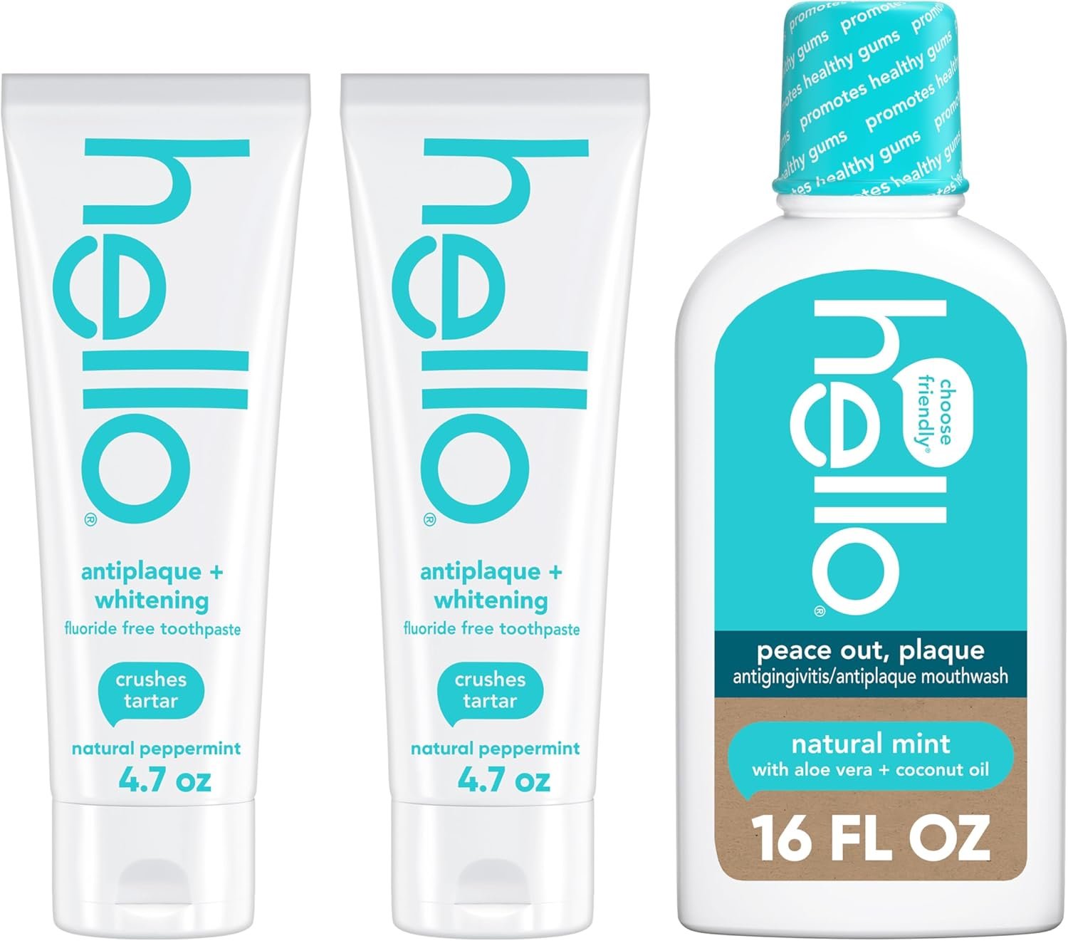 hello Antiplaque Fluoride Free Whitening Toothpaste and Peace Out Plaque Alcohol Free Mouthwash Pack, Includes Two 4.7 Oz Whitening Toothpastes and One 16 Fl Oz Fluoride Free Mouthwash