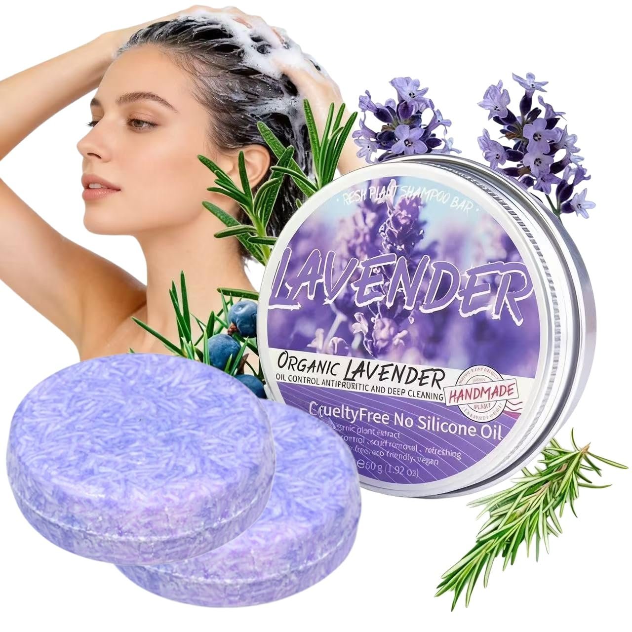 Organic Shampoo Bar, Lavender Shampoo Bar, Handmade Sulfate-Free,Natural Hair Growth,Repairs Damaged Hair,Suitable for All Hair Types(Lavender, 2pcs)