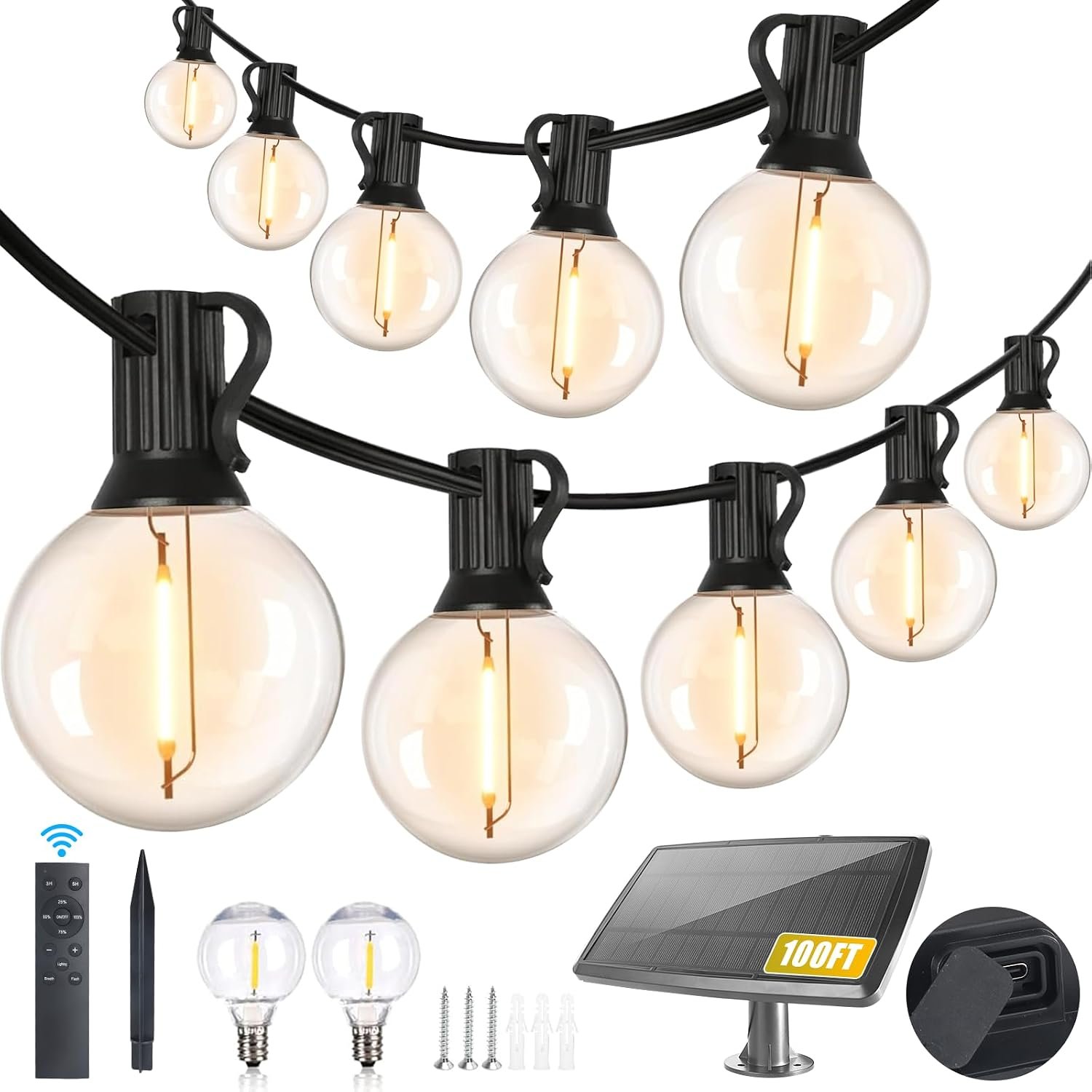 Yusist 100FT Solar String Lights Outdoor Waterproof with Remote, G40 Solar Powered String Lights with 30+2 LED Shatterproof Bulbs, Dimmable Solar Patio Hanging Lights for Outside Backyard Party
