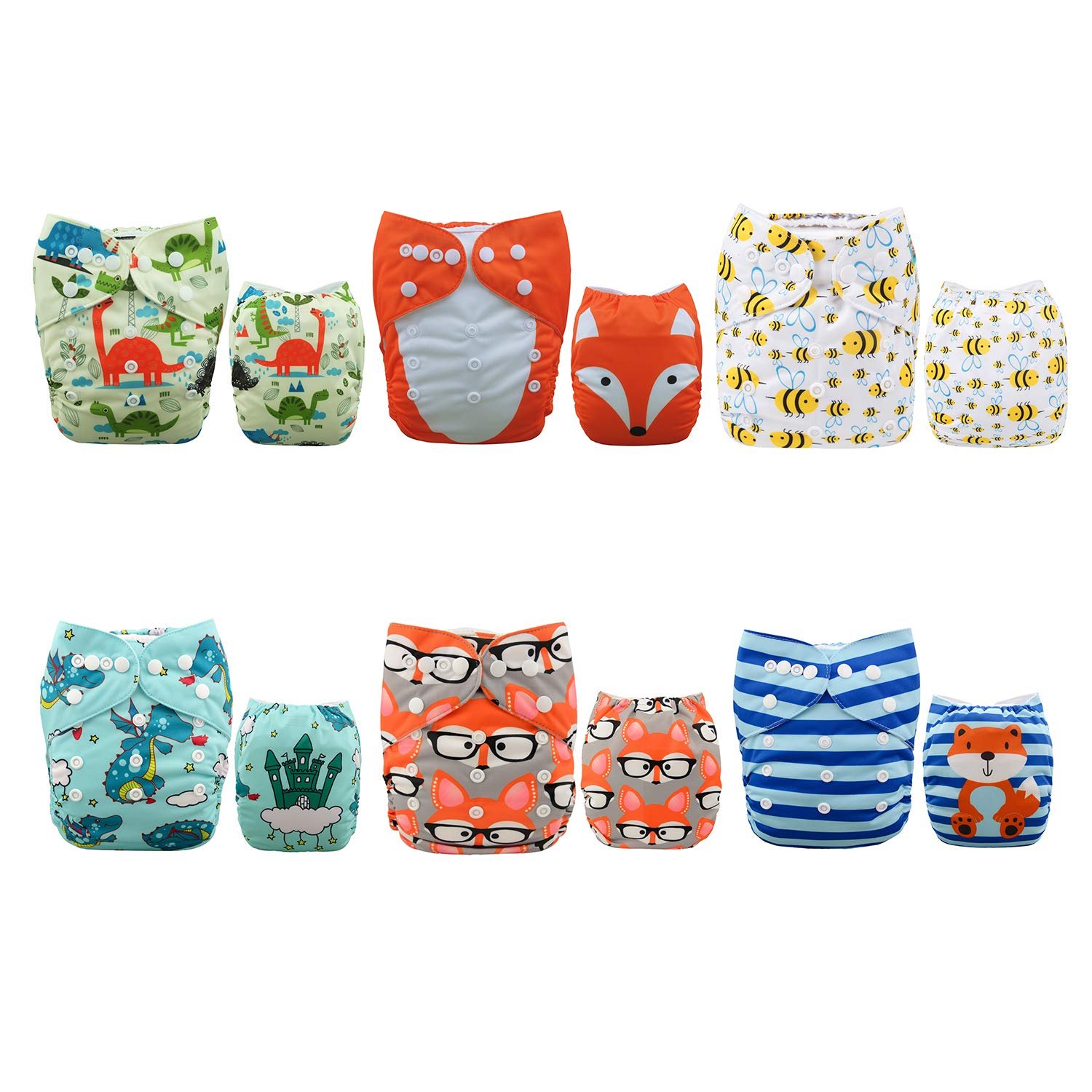 ALVA 6 Pack Cloth Diaper with 12 Inserts One Size Adjustable Washable Reusable Diaper Cover for Baby Girls and Boys