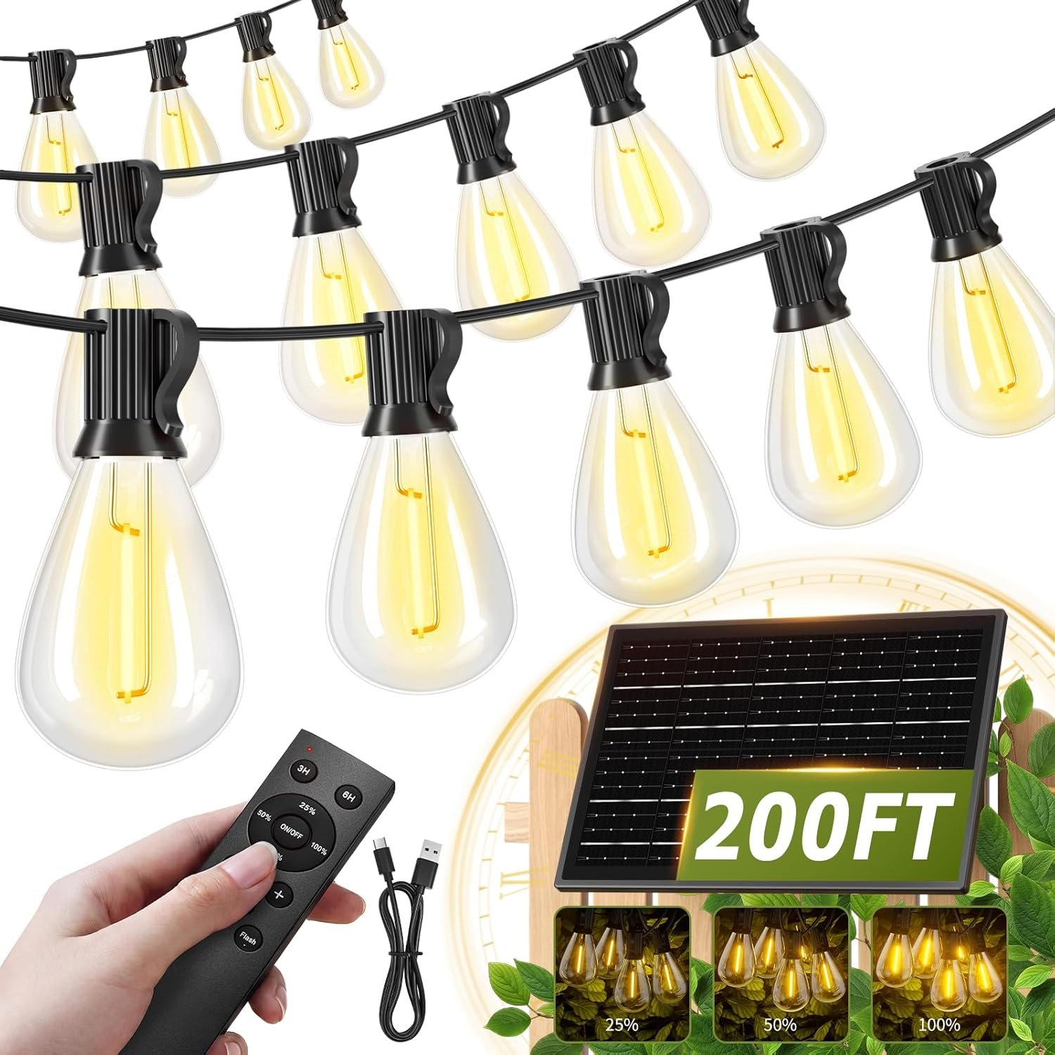 200FT Solar String Lights Outdoor Waterproof 72+2 LED Bulbs, Solar Powered with Remote & USB Port, 3 Light Modes Dimmable Patio Lights for Large Backyard, Garden, Party