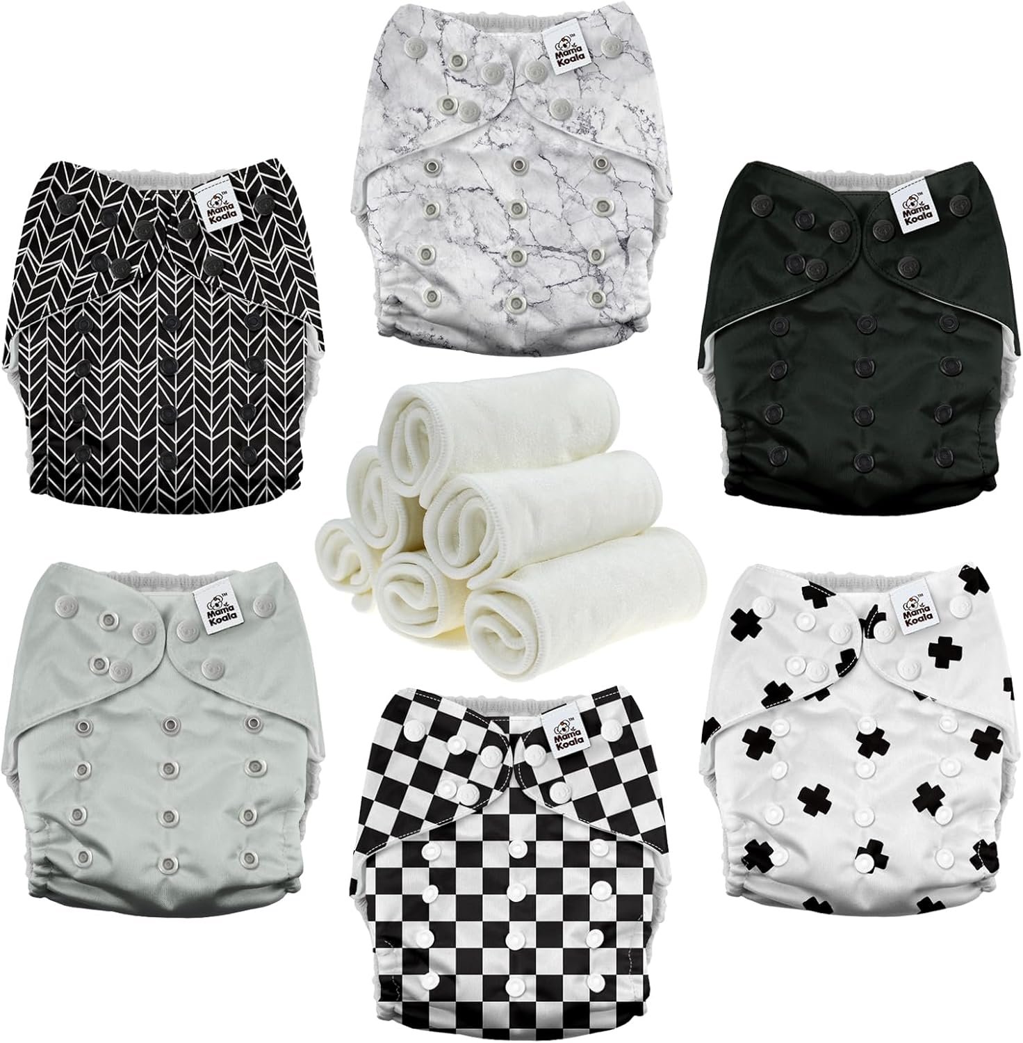 Mama Koala 3.0 Pocket Cloth Diapers for Babies with AWJ Lining, 6 Pack with 6 4-Layer Natural Cloth Diaper Inserts – Reusable and Washable Pocket Diapers (Black and White)