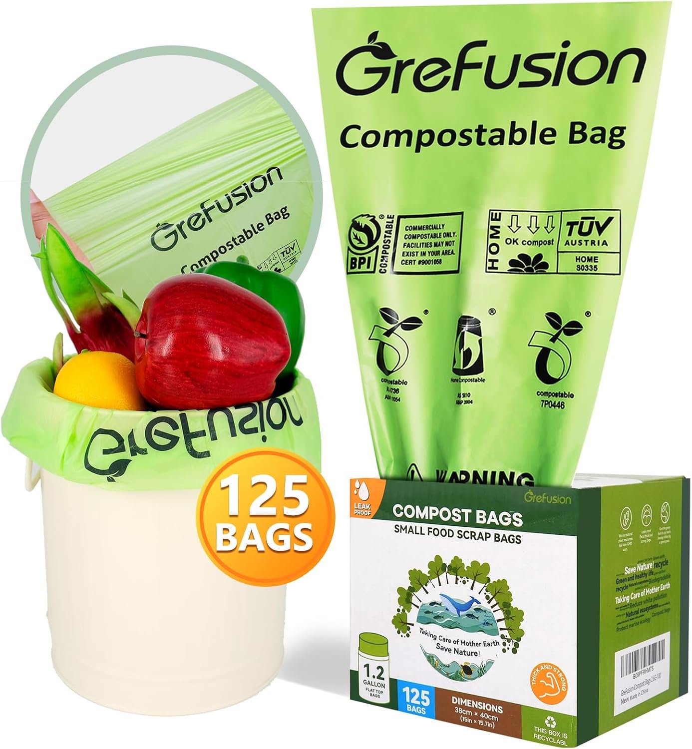 GreFusion Compostable Bags 1.2 Gallon,125 Count, Fits 0.75,1,1.2,1.3,1.6,1.8 Gallon Countertop Bin, Small compost bags, Certified by BPI, ASTM D6400 and OK Compost