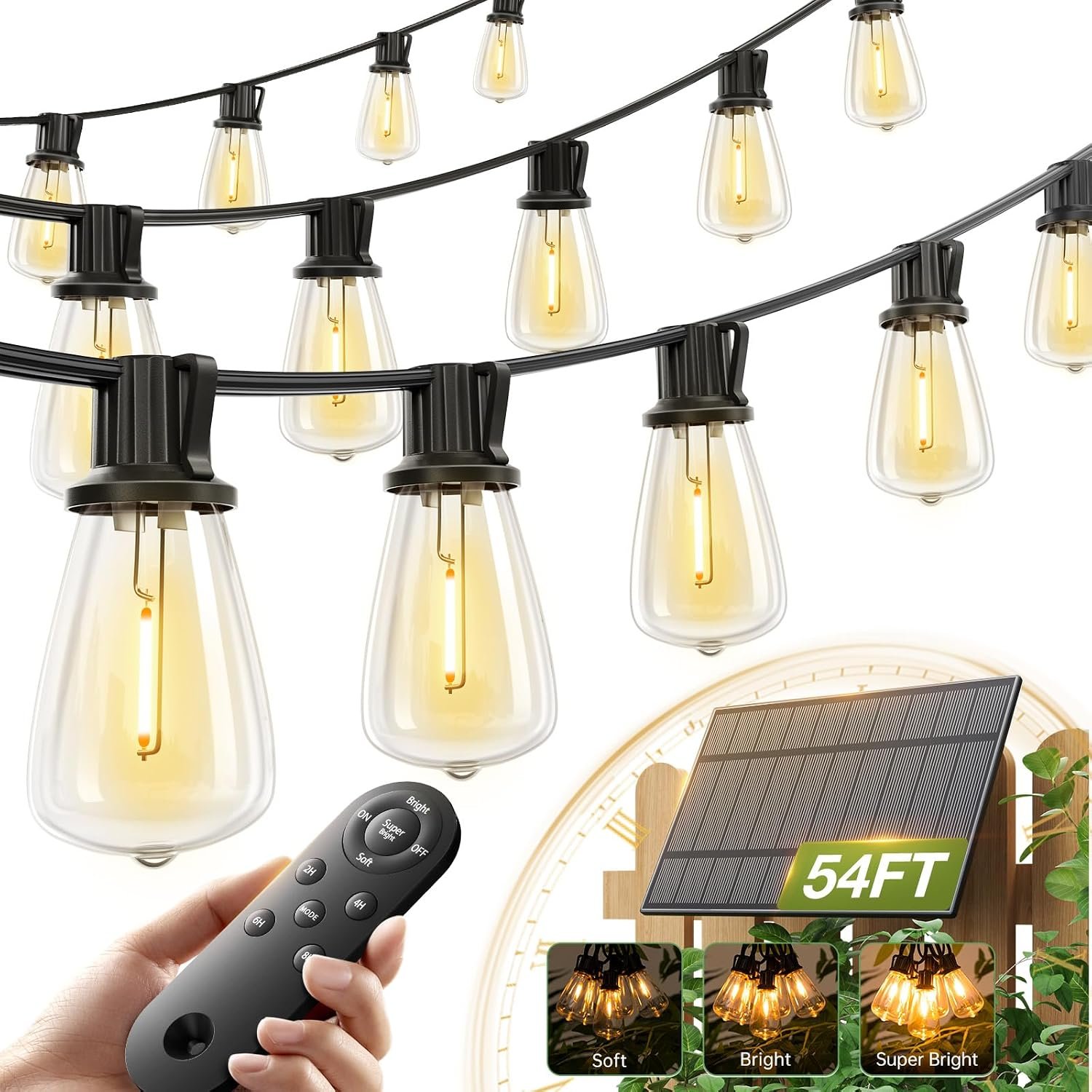 addlon 54(48+6)FT Solar String Lights Waterproof, with Remote& USB 24+2 LED | Shatterproof Bulbs Patio Lights Solar Powered, 3 Lighting Modes, Outdoor Lights for Camping Backyard Garden