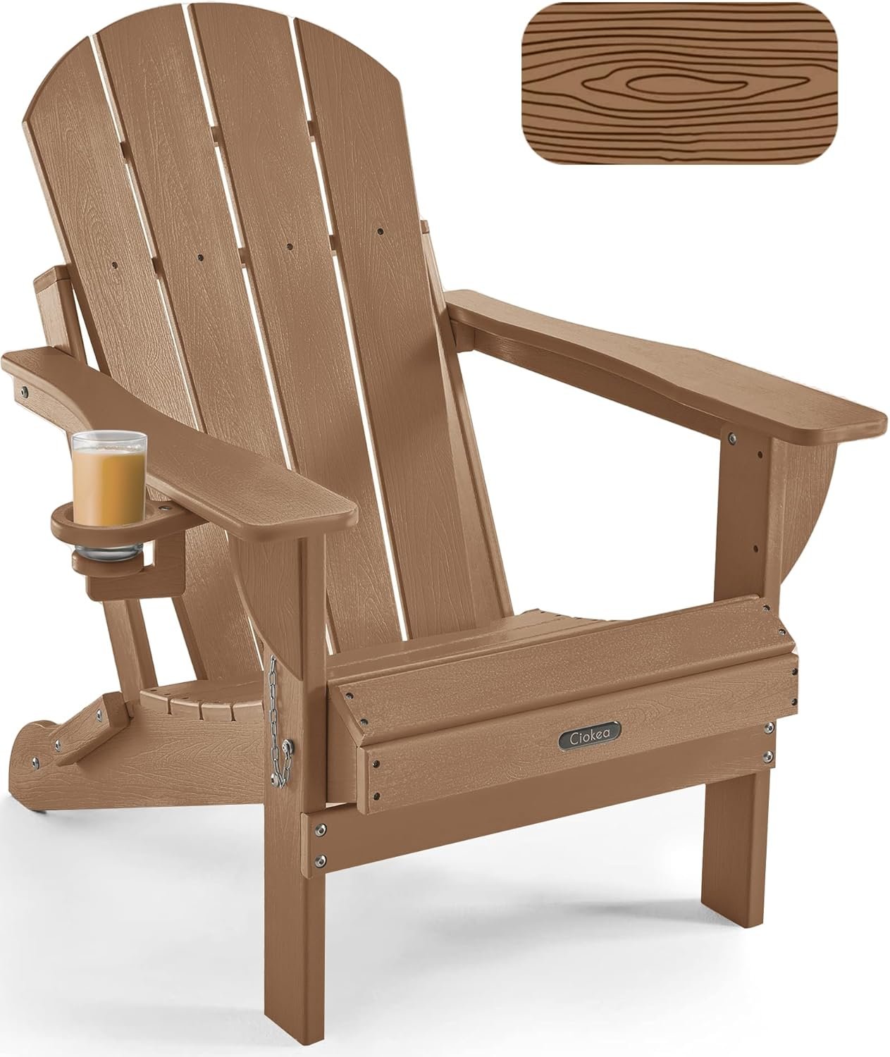 Folding Adirondack Chair Wood Texture, Patio Adirondack Chair Weather Resistant, Plastic Fire Pit Chair with Cup Holder, Lawn Chair for Outdoor Porch Garden Backyard Deck (Teak)