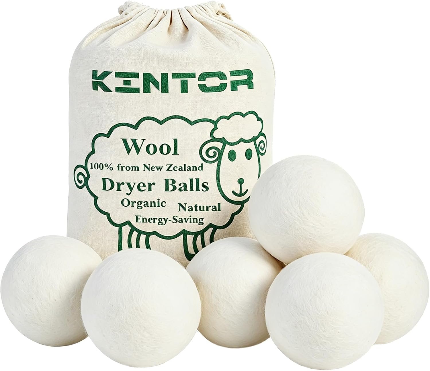 KINTOR XL Wool Dryer Balls 6-Pack, 100% New Zealand Wool, Reusable Fabric Softener, Cut Drying Time, Reduce Wrinkles Lint & Pet Hair,Quiet Laundry Balls | 100% New Zealand Wool,Cut Drying Time, Reduce Wrinkles Static Cling Lint & Pet Hair, Quiet Laundry Balls Chemical-Free Gift