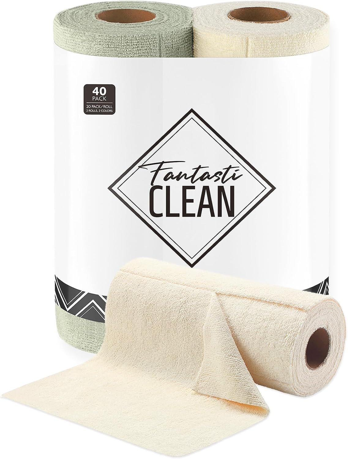 Fantasticlean Kitchen Towels Roll, 40 Sheets, 10”x 10” (Beige, MossGreen) | Tear-away Dish Towels for Kitchen, Ultra Absorbent, Lint-free, Premium Microfiber Cleaning Cloths, for All-Purpose Cleaning