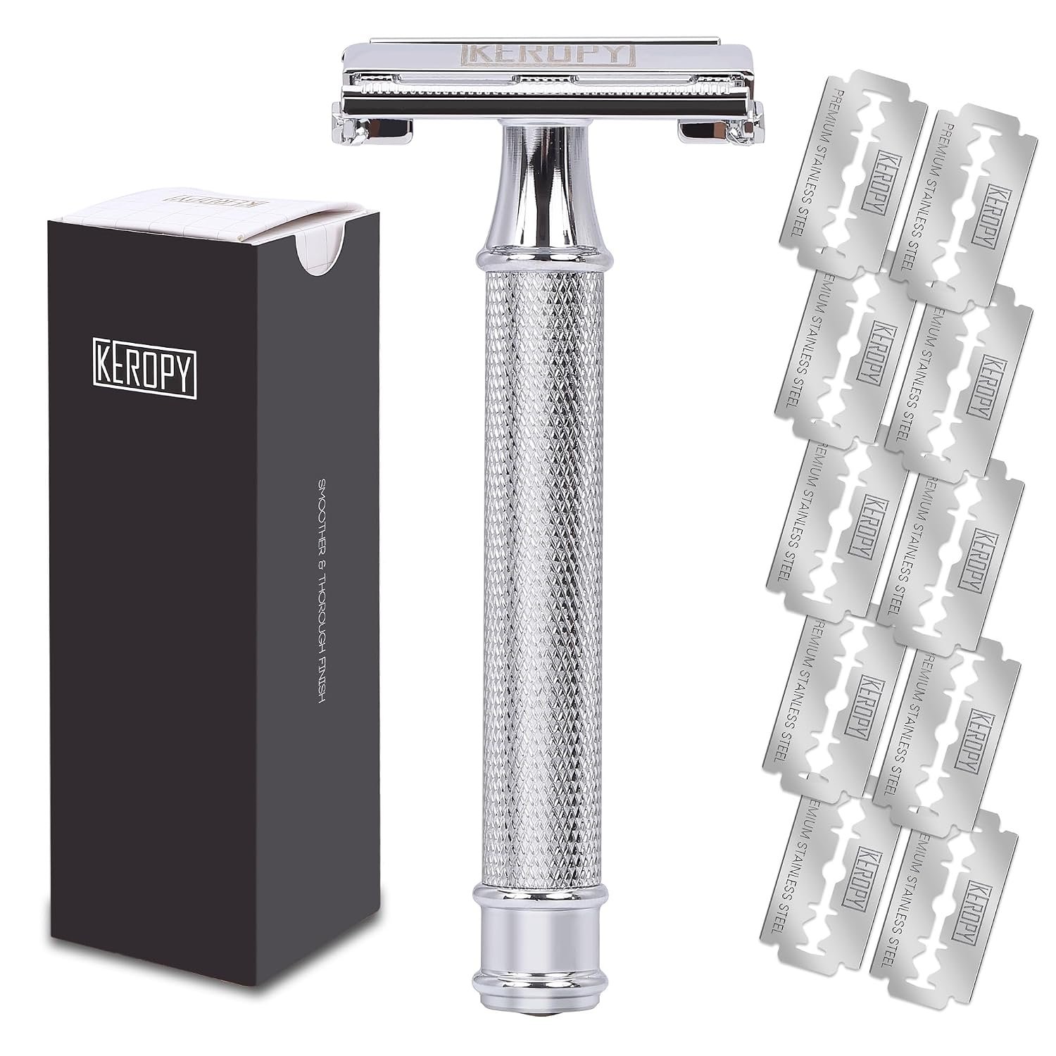 Keropy Heavy Weighted Short Handle Safety Razor | Butterfly Open, 10 Stainless Steel Blades, Classic Metal Quality