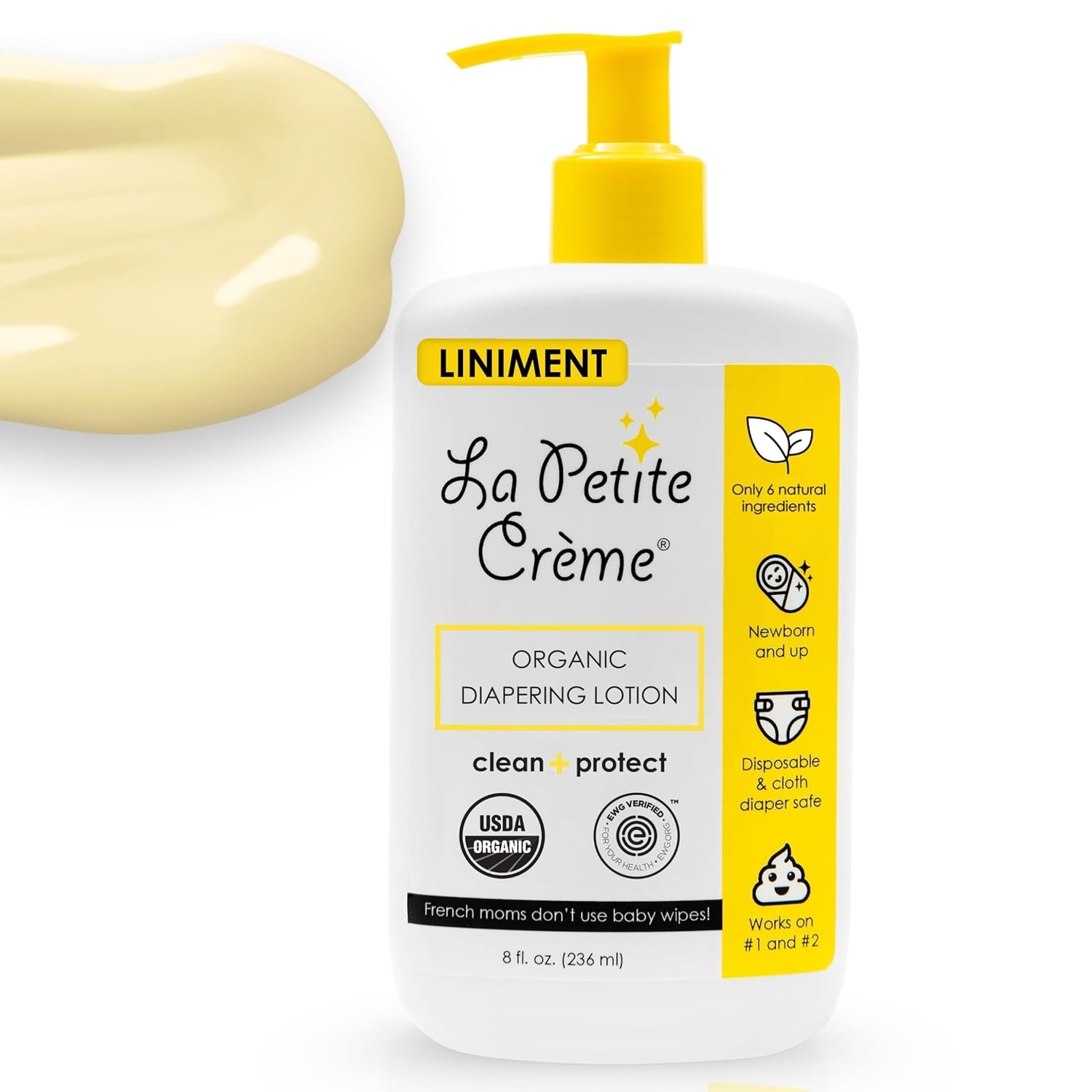 La Petite Creme French Premium Liniment Baby Lotion – Diaper Cream Alternative to Wet Wipes – Gentle Moisturizer & Skin Cleanser, USDA Certified Organic Ingredients – Newborn Essentials (8 oz) | Diaper Cream, Moisturizer & Skin Cleanser, Baby Lotion, Alternative to Baby Wipes, USDA Certified, Organic Ingredients