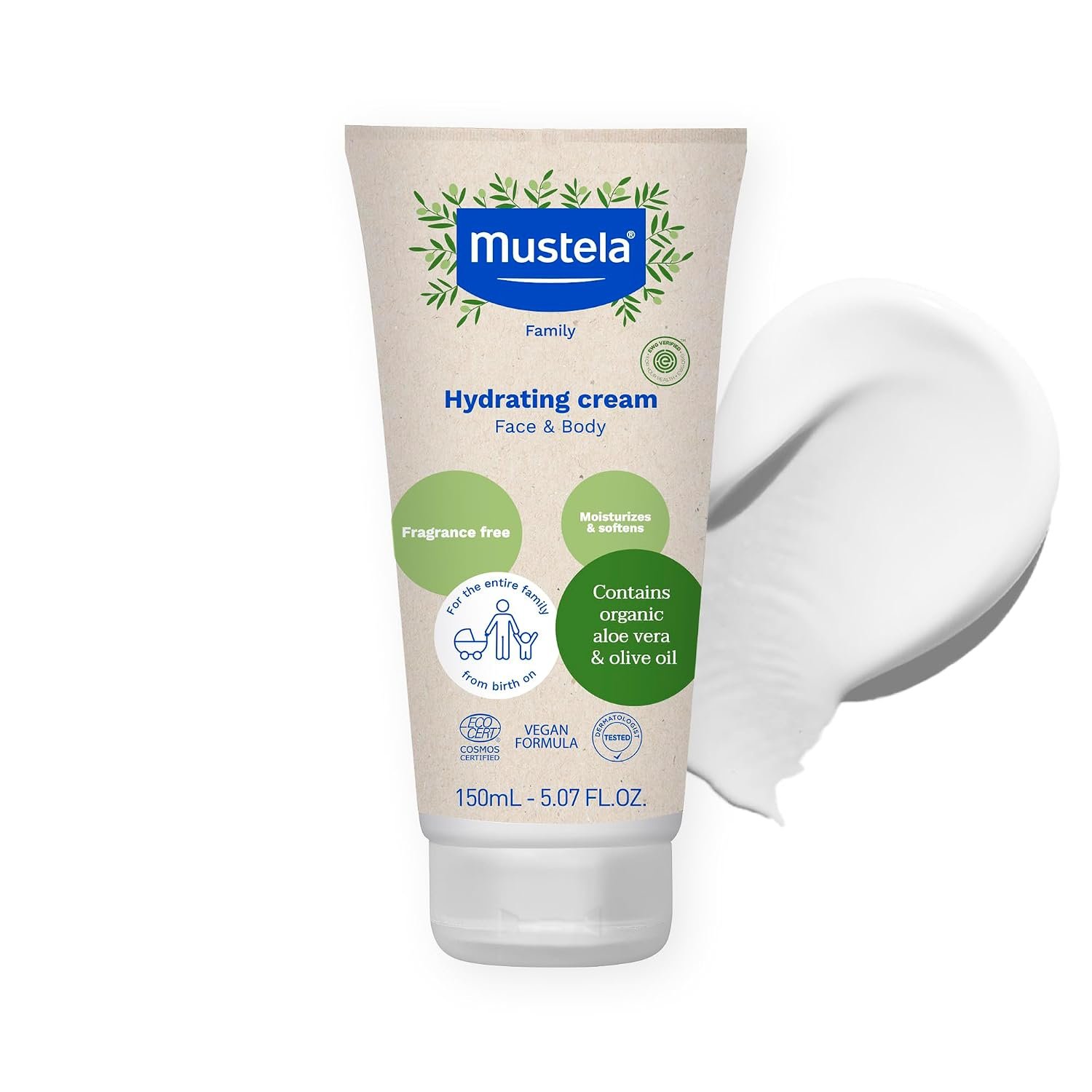Mustela Certified Organic Hydrating Cream – Natural Body Lotion w/Olive Oil, Aloe Vera & Sunflower Oil – For Baby, Kid & Adult – Fragrance Free, EWG Verified & Vegan – 5.07 oz. – Packaging may vary