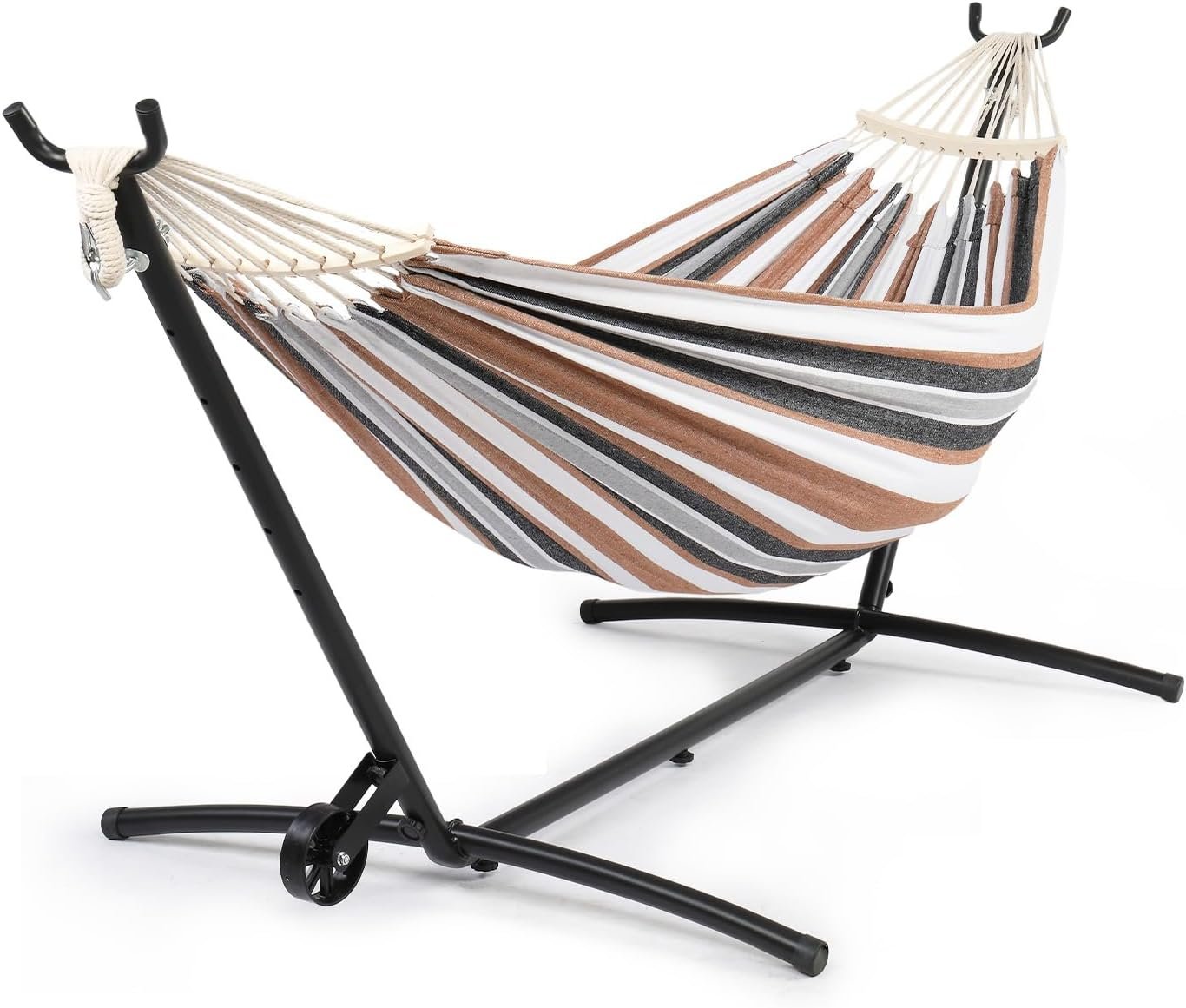 550 LB Capacity Double Hammock with Stand – Portable Bag Included (Desert Strip w/Wheel)