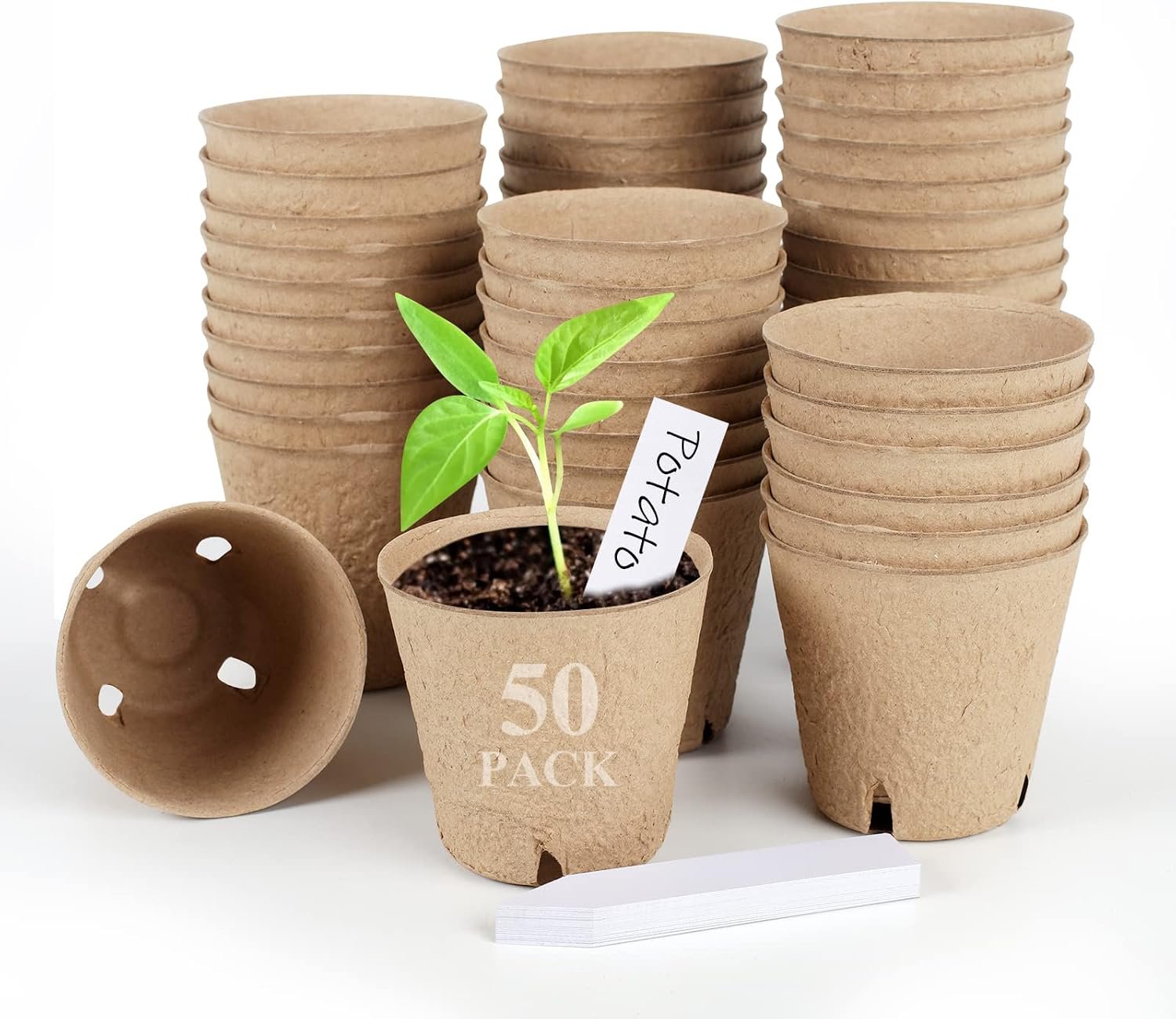 HXSEMAYIG 50PCS Peat Pots, 3.15Inch Seed Starting Pots with Drainage Holes Round Nursery Pot, Garden Germination Nursery Pot Bonus 20 Plant Labels