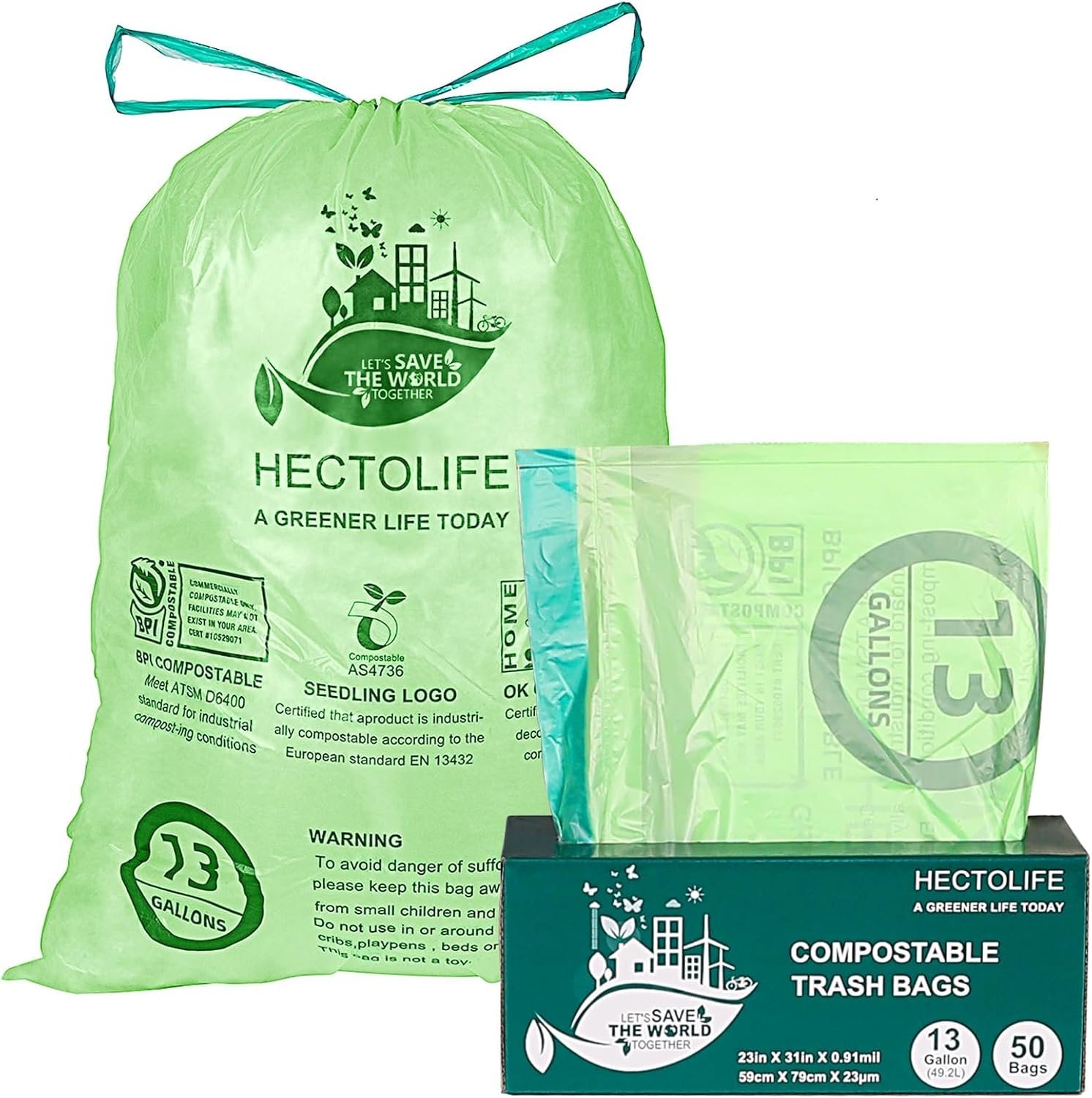 13 Gallon,50 Count Compostable Trash Bags with Home | Multi-scenario usage, Compostable,Large capacity,ASTM D6400,US BPI and Europe OK Compost Home Certified