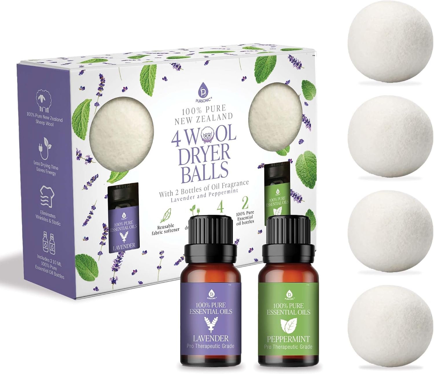 Pursonic 4-Pack Laundry Wool Dryer Balls with Lavender & Peppermint Essential Oil Scent – Reusable Fabric Softener Balls Made from Pure New Zealand Wool – 2.75″ Diameter